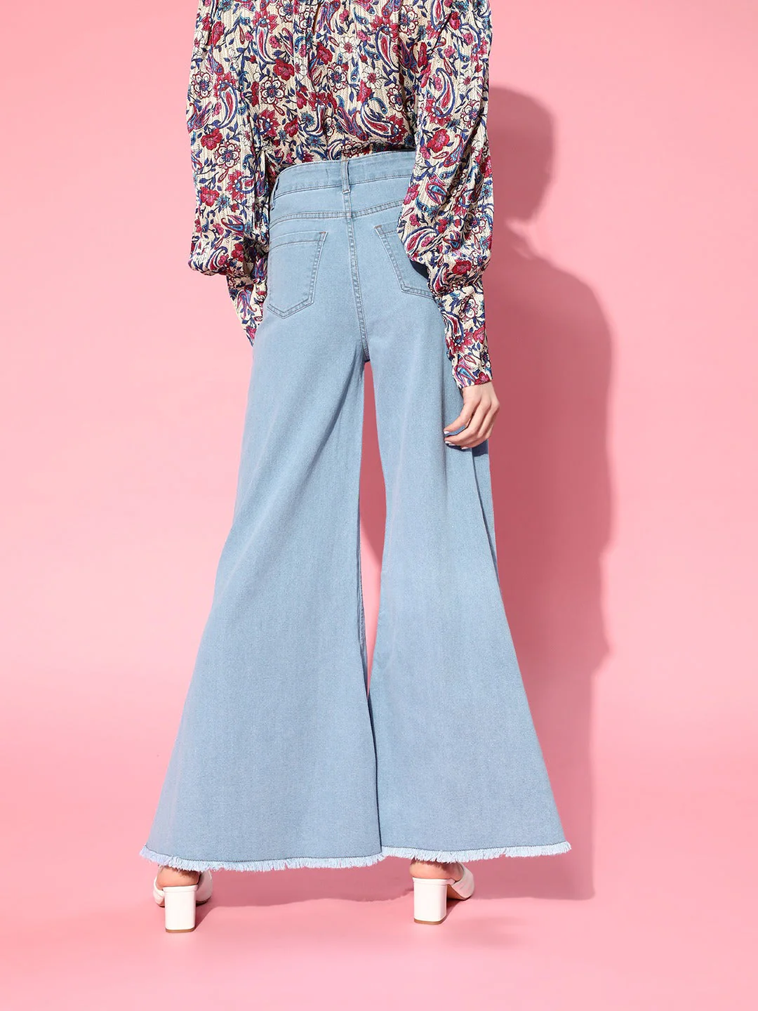 Women Ice Blue Wide Leg Flared Jeans - Image 5