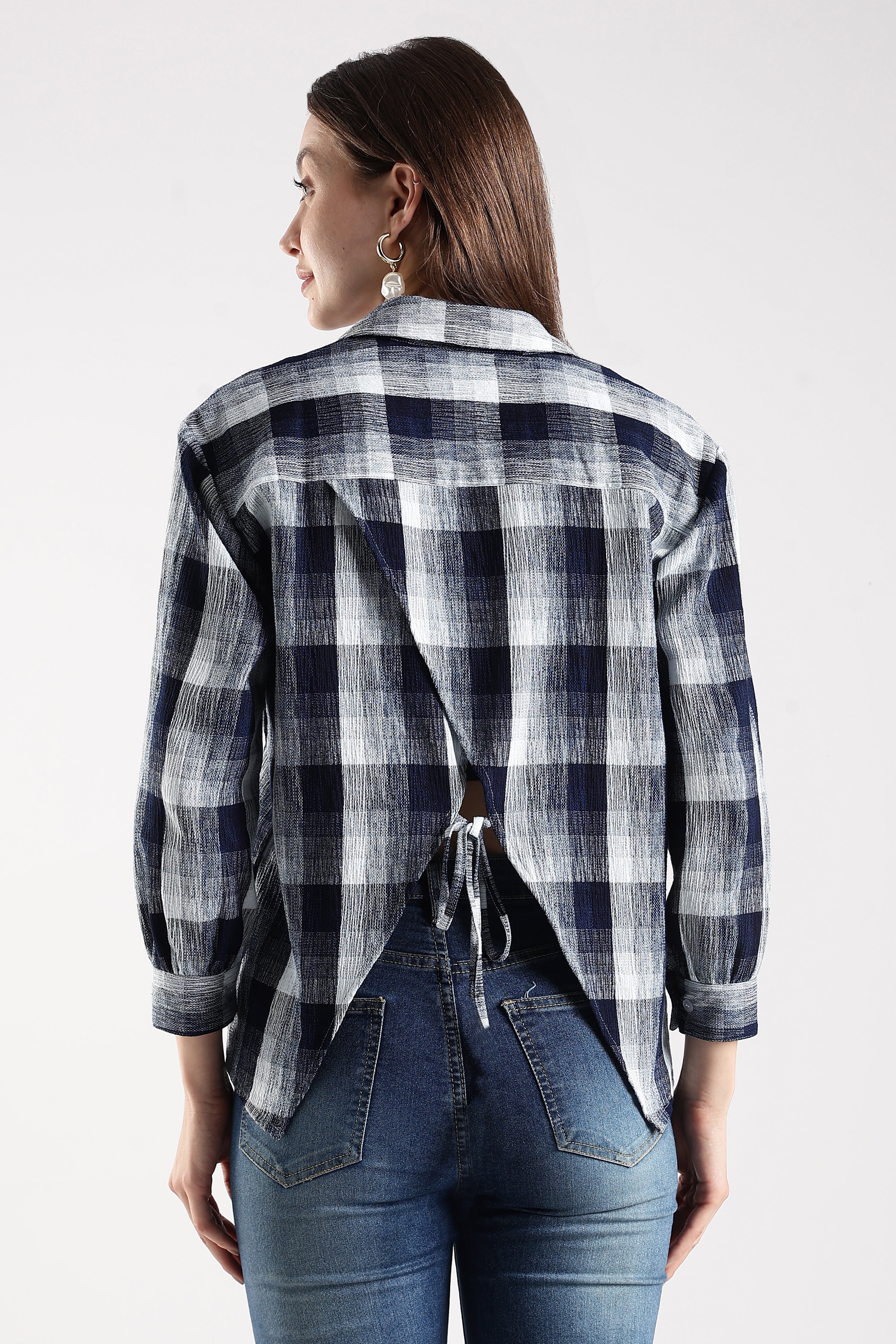 Women Indigo Open-Back Check Shirt - Image 2