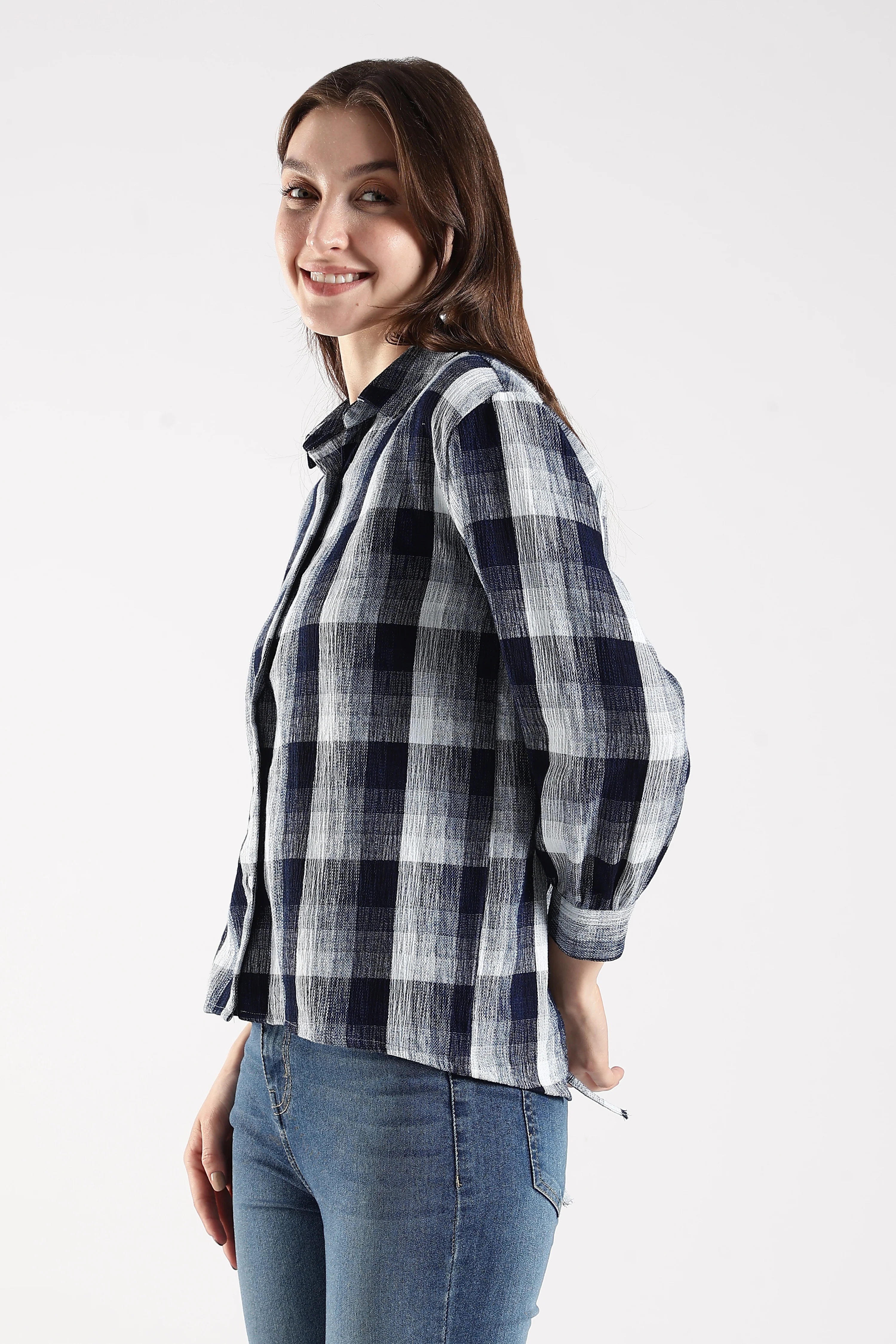 Women Indigo Open-Back Check Shirt - Image 4