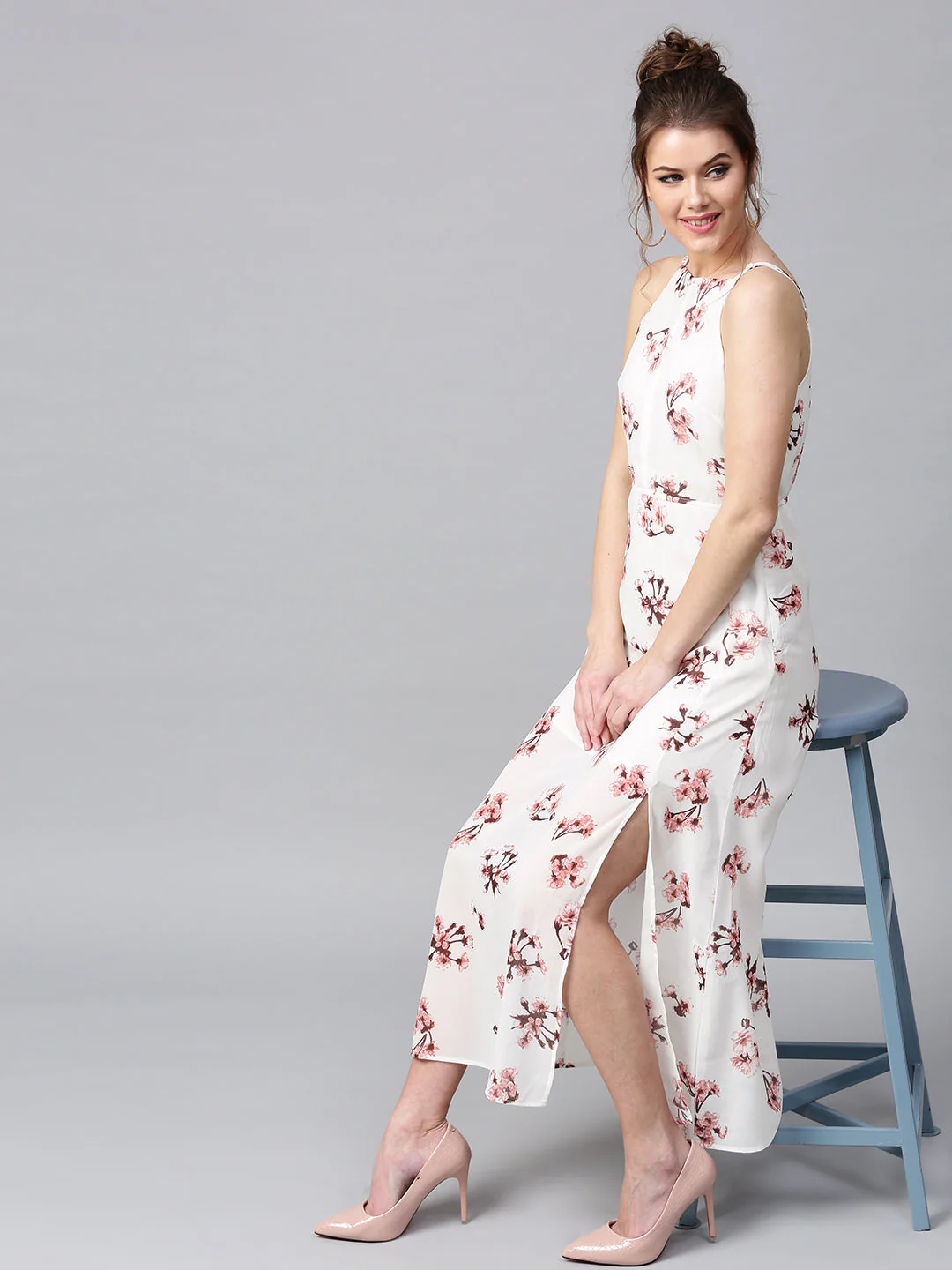 Women Ivory Floral Halter Maxi - Image 4