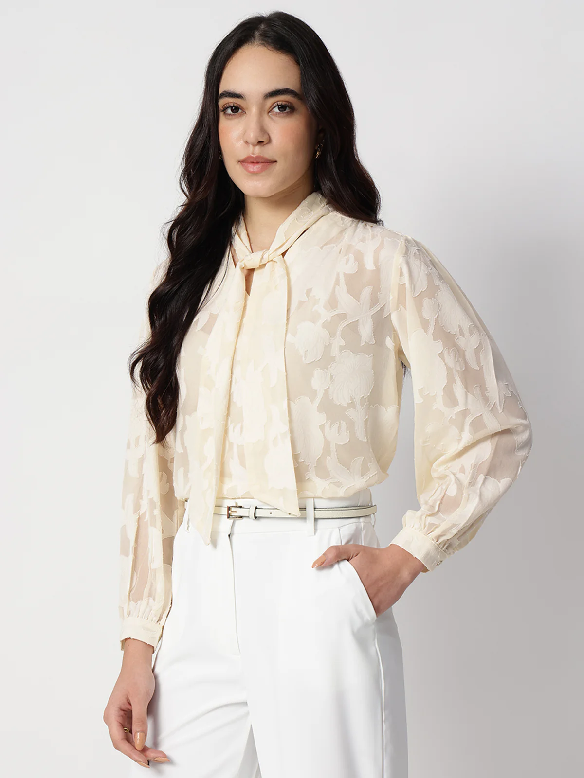 Women Jacquard Premium Satin Tie Top - Image 3