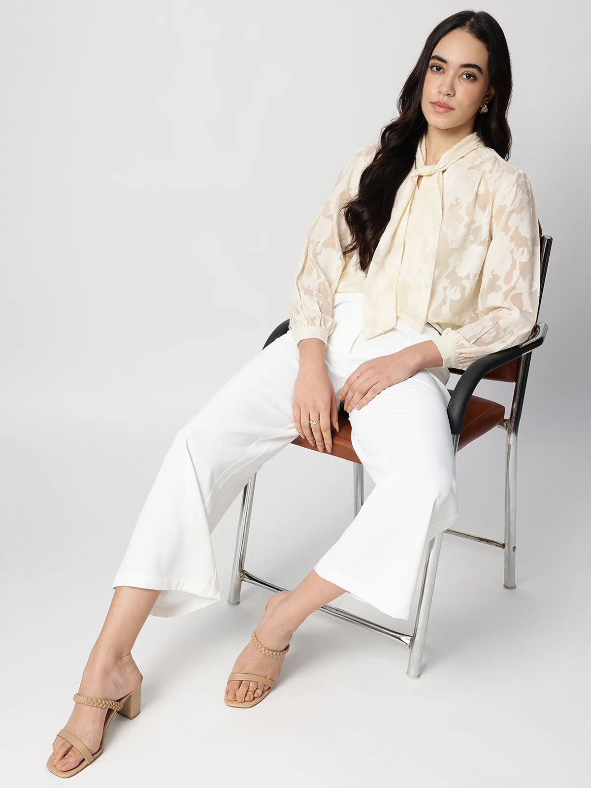 Women Jacquard Premium Satin Tie Top - Image 5