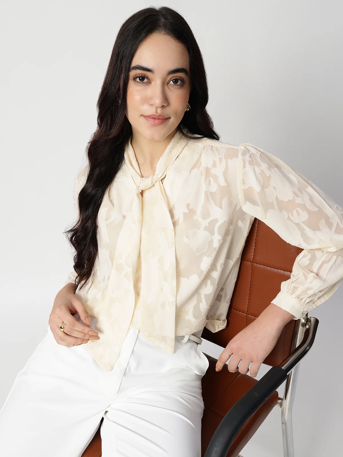 Women Jacquard Premium Satin Tie Top - Image 6