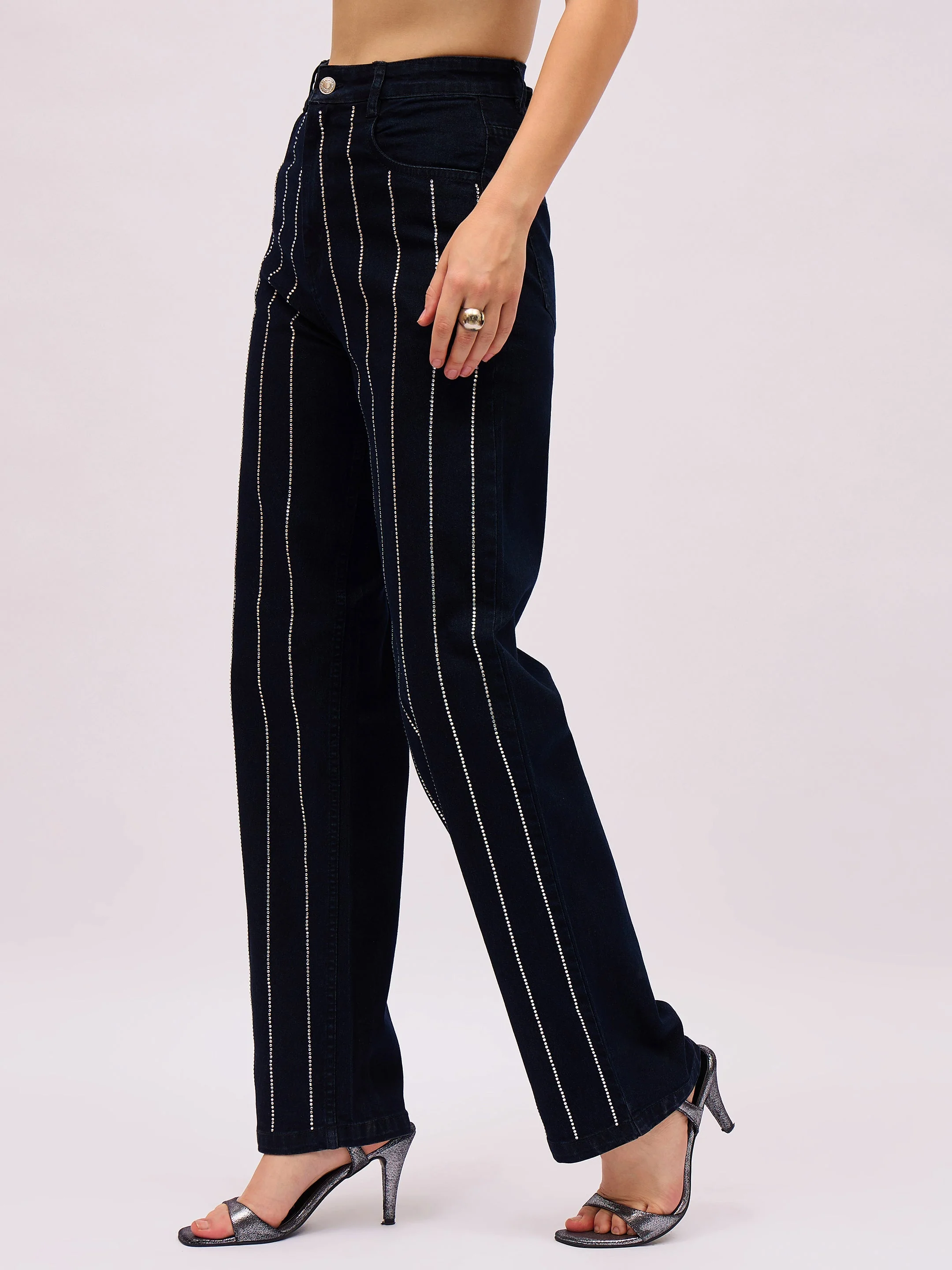 Women Jet Black Denim Front Stud Straight Fit Jeans - Image 3