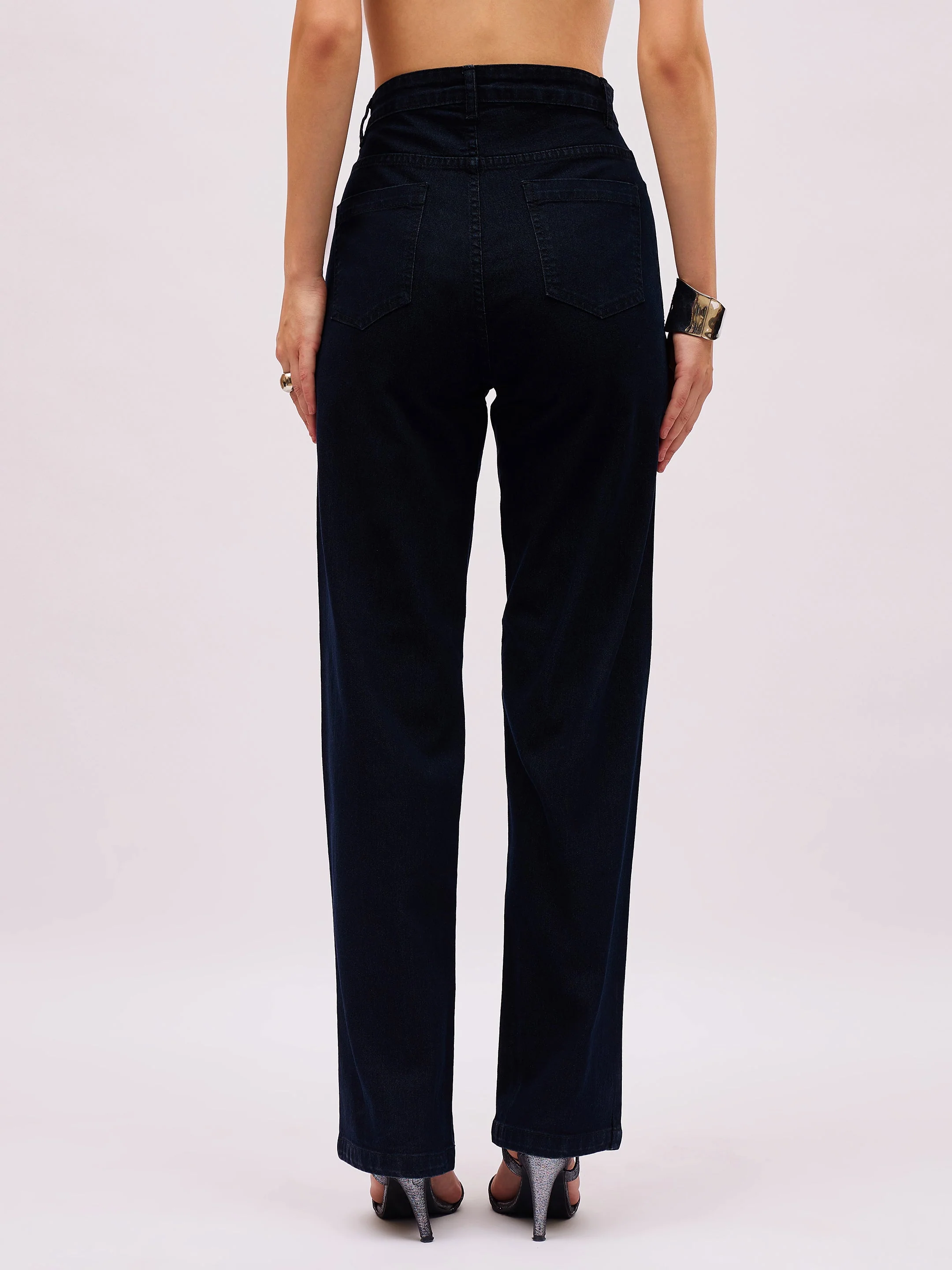 Women Jet Black Denim Front Stud Straight Fit Jeans - Image 5
