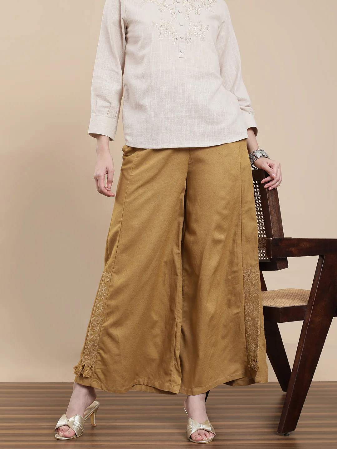 Women Khaki Casual Palazzo - Image 4