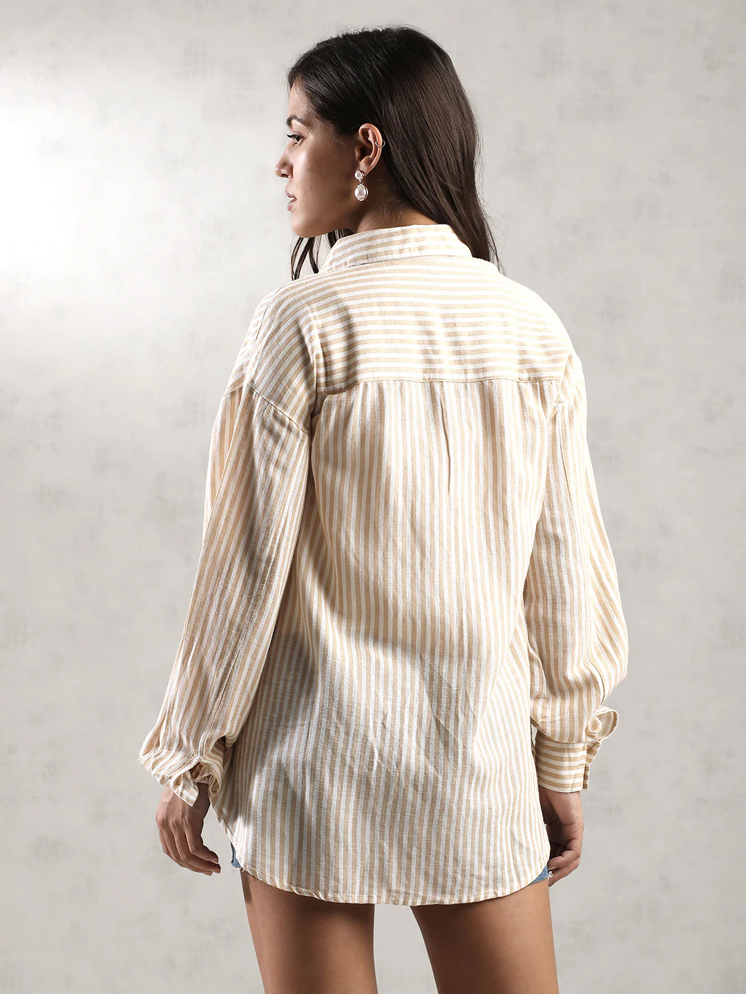 Women Khaki Stripes Comfort Fit Shirt - Image 3