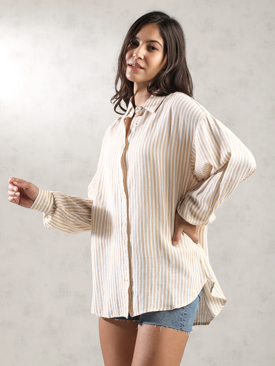 Women Khaki Stripes Comfort Fit Shirt - Image 4