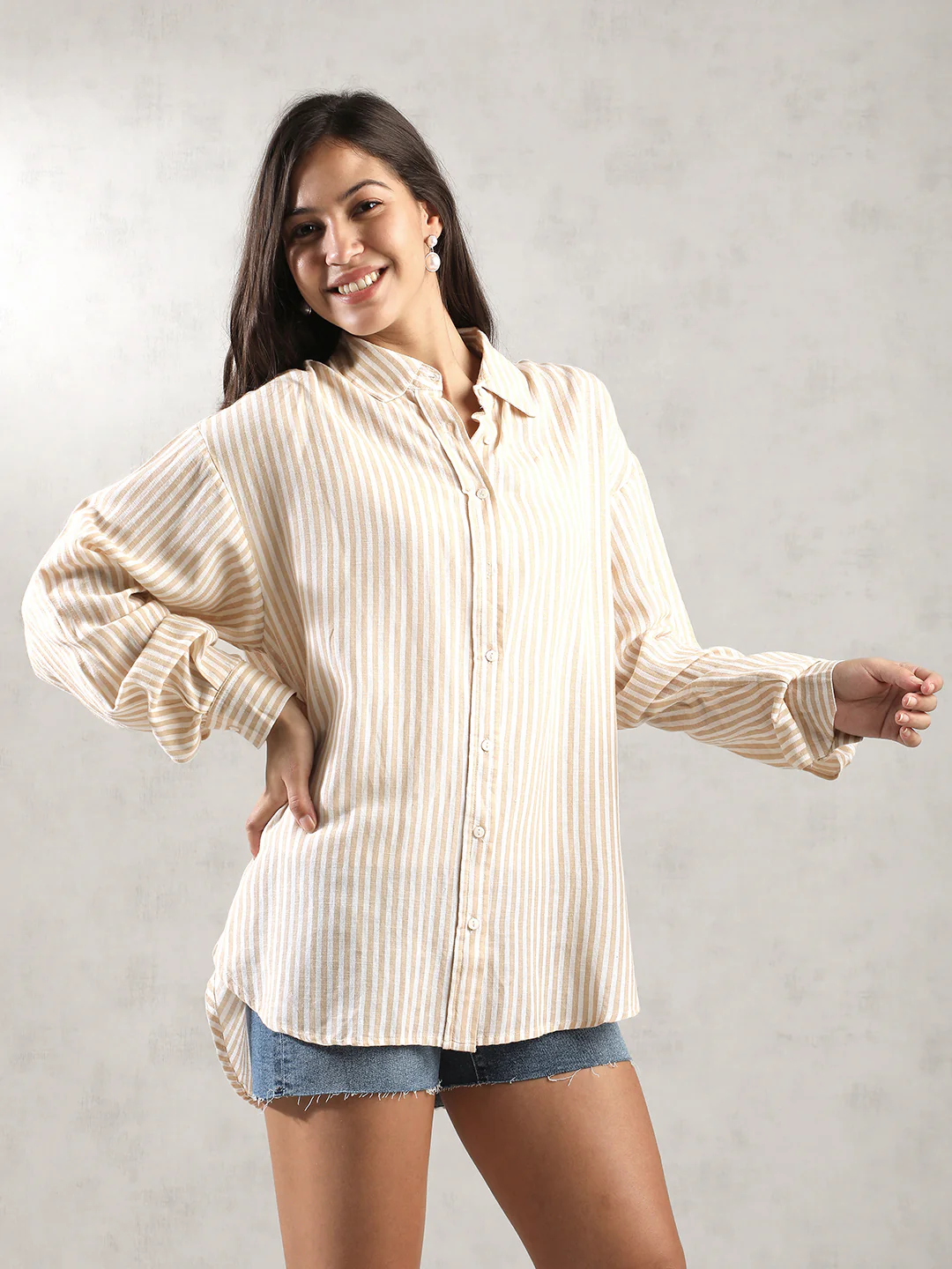 Women Khaki Stripes Comfort Fit Shirt - Image 6