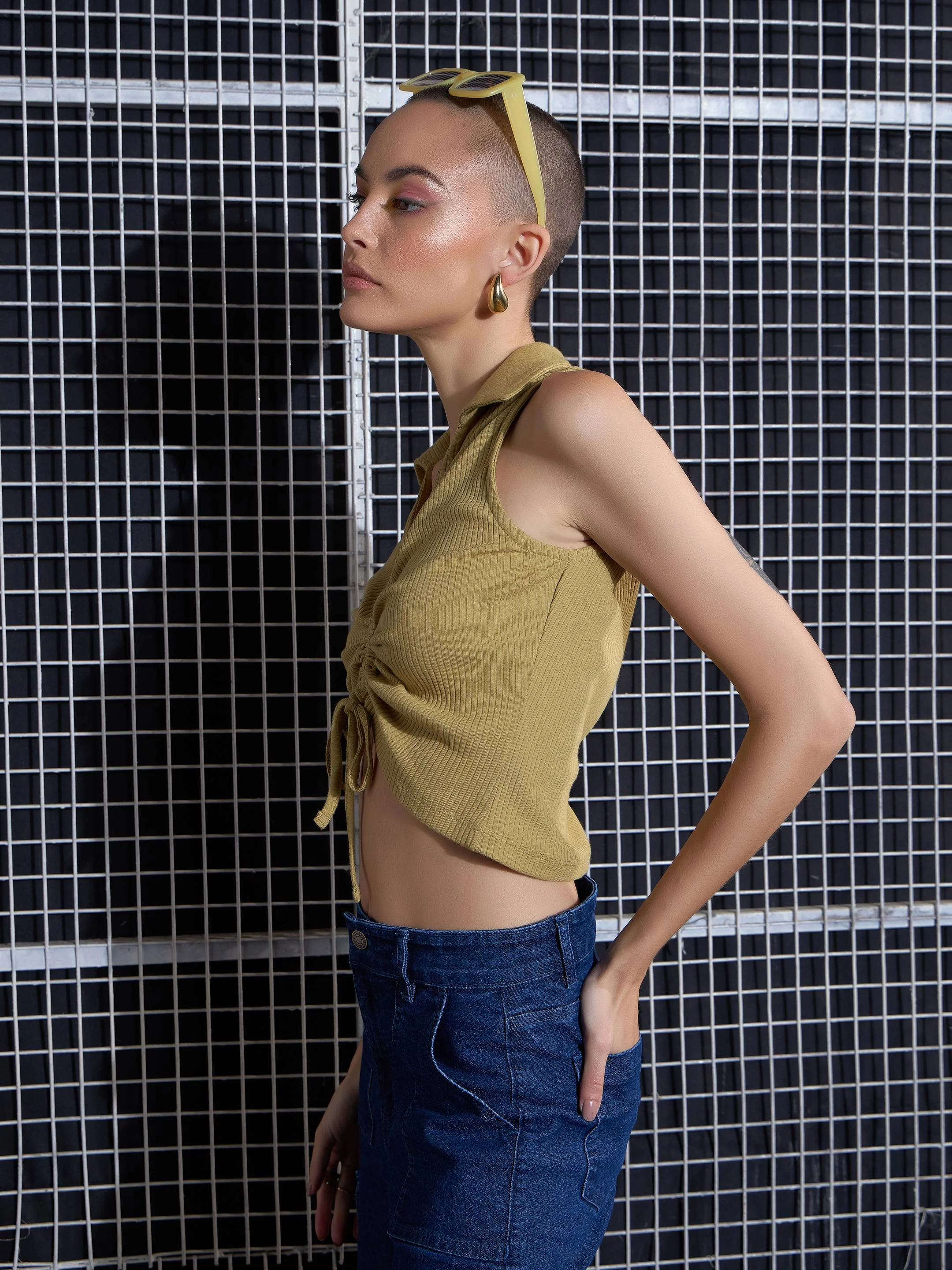 Women Khaki Rib Front Rouched Tank Top - Image 3