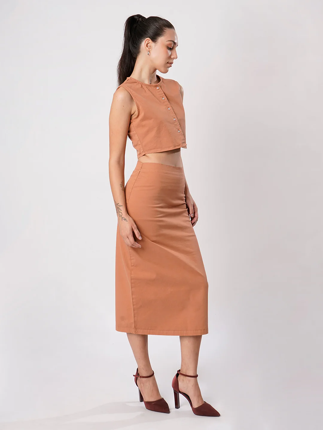 Women Khaki Sleeve less top and Skirt Coord Set - Image 2