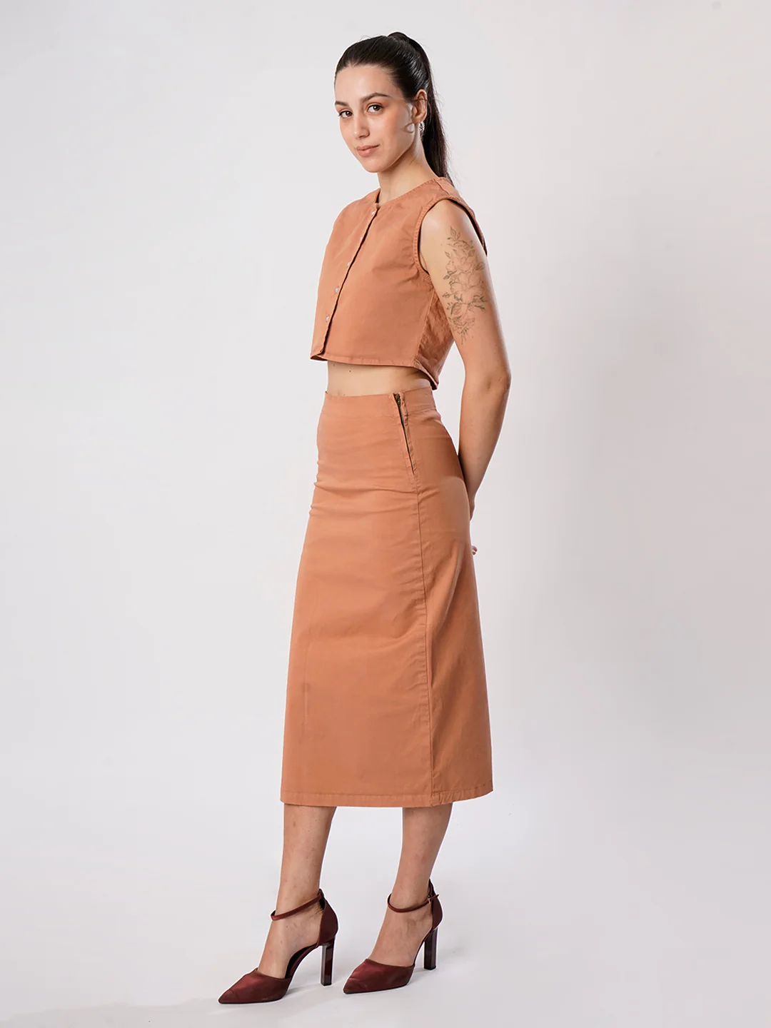 Women Khaki Sleeve less top and Skirt Coord Set - Image 3