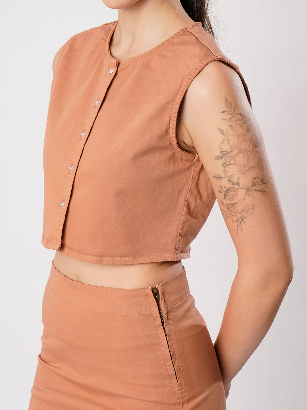 Women Khaki Sleeve less top and Skirt Coord Set - Image 4
