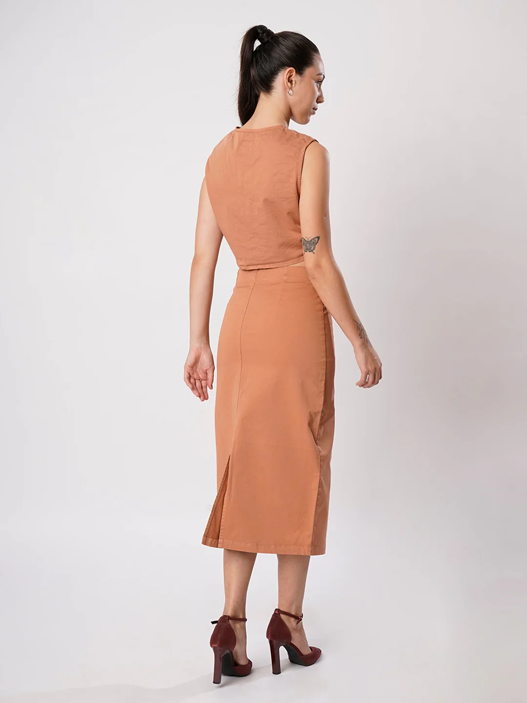 Women Khaki Sleeve less top and Skirt Coord Set - Image 5