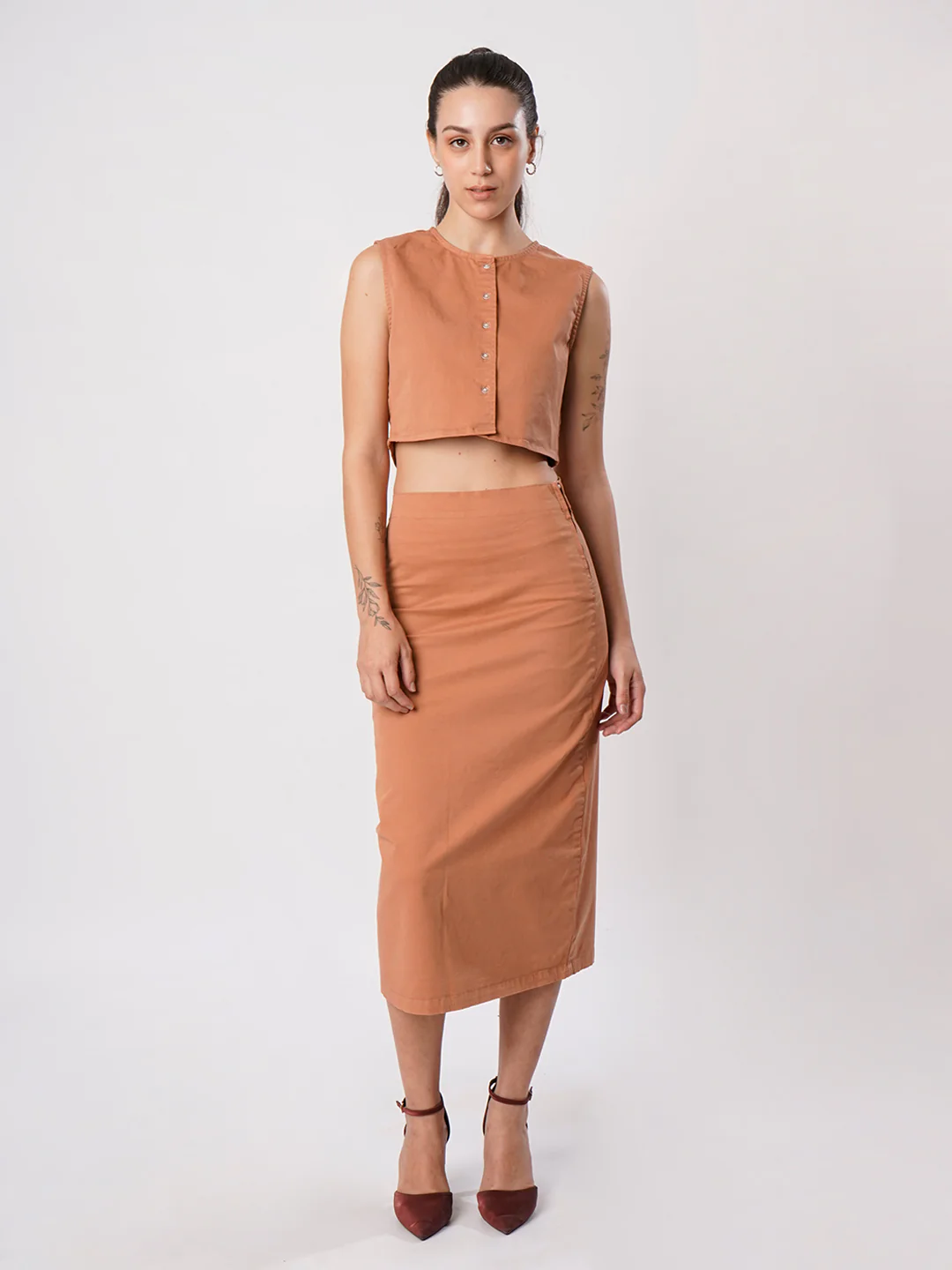 Women Khaki Sleeve less top and Skirt Coord Set - Image 7