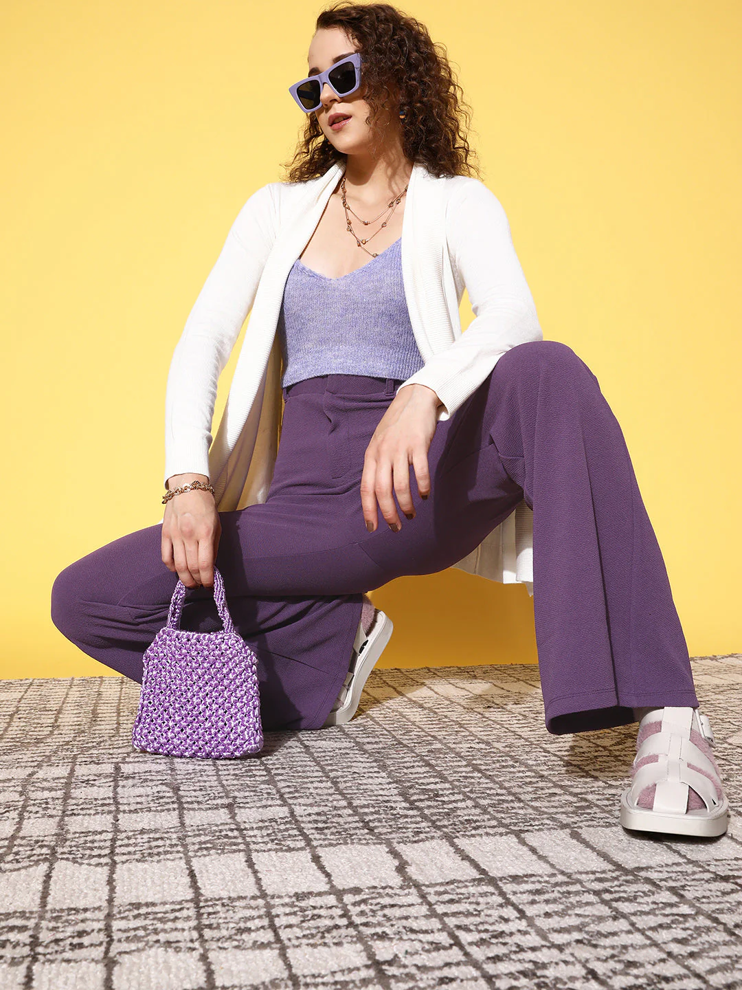 Women Lavender Bell Bottom Knitted Pants - Image 2