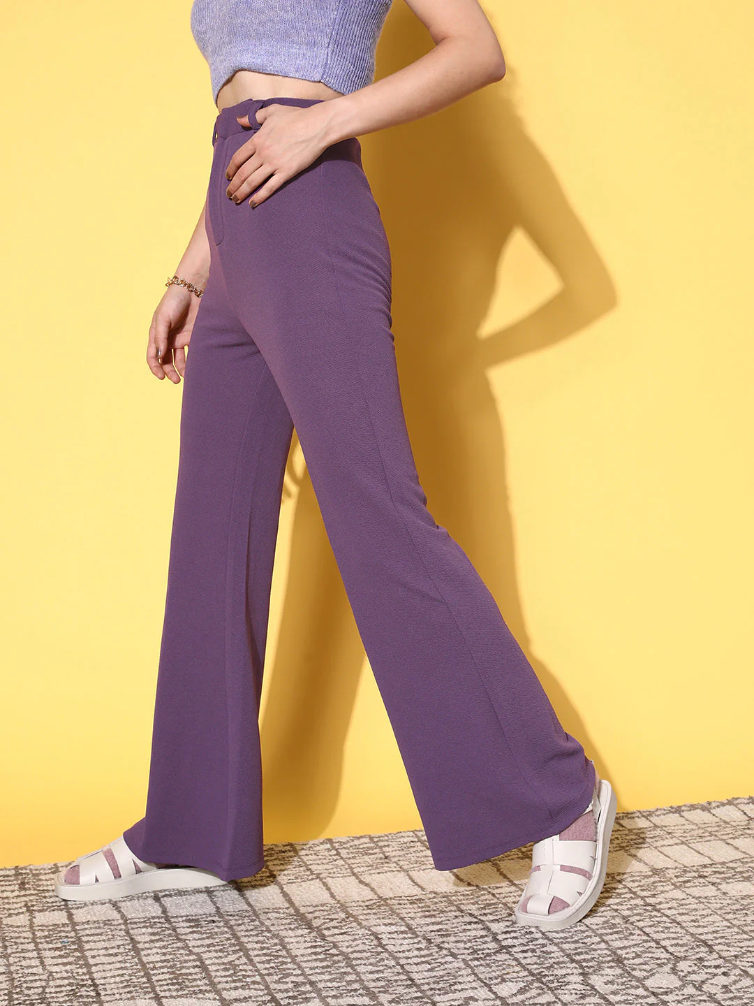 Women Lavender Bell Bottom Knitted Pants - Image 3