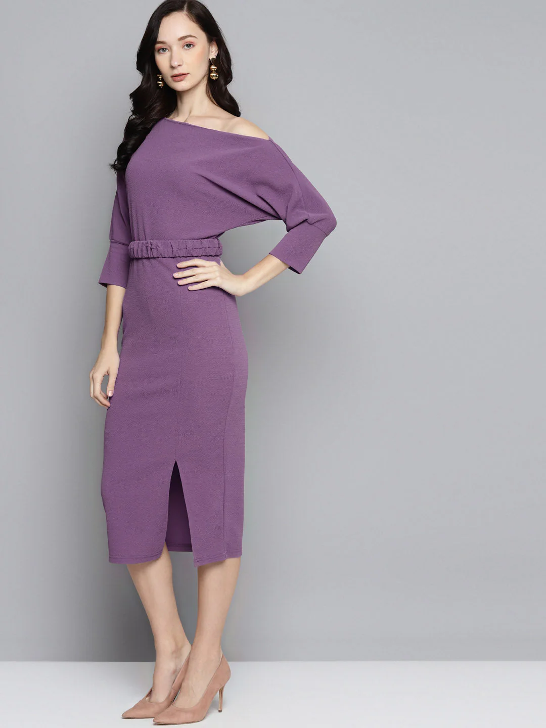 Women Lavender Belted Drop Shoulder Midi Dress - Image 2