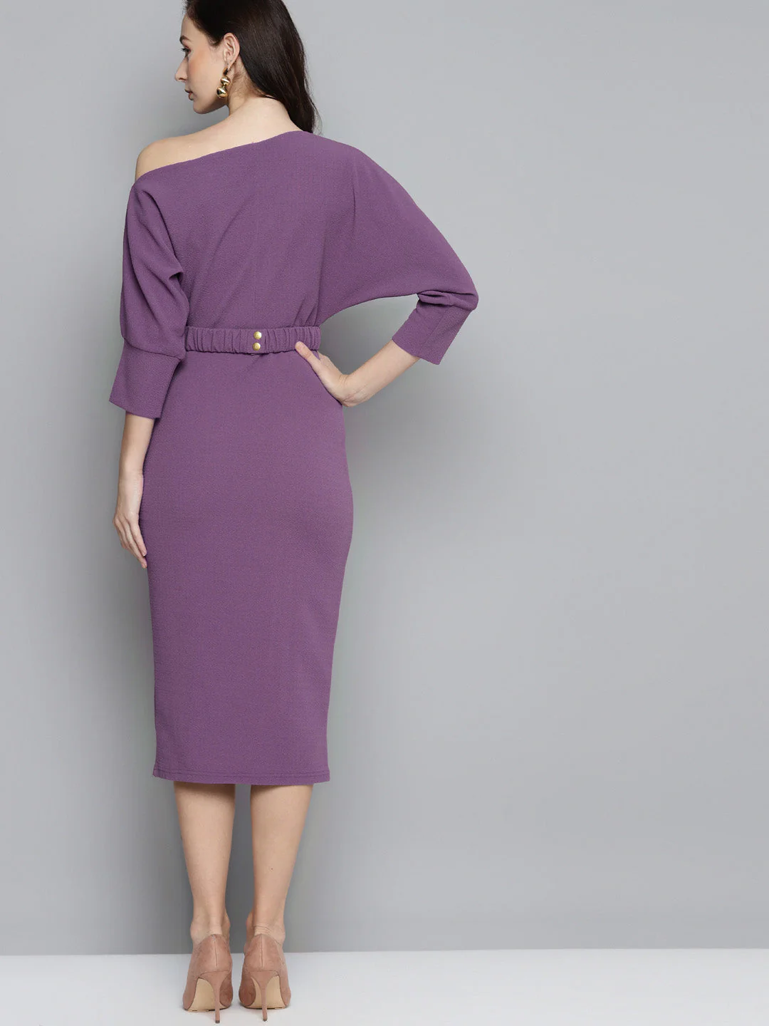 Women Lavender Belted Drop Shoulder Midi Dress - Image 3
