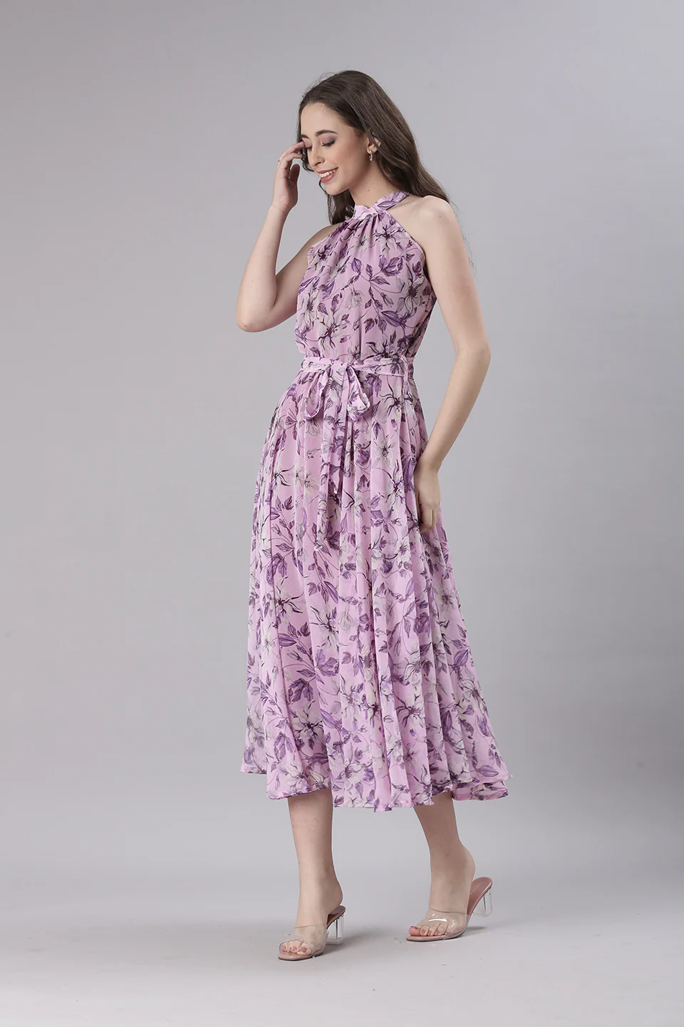 Women Lavender Floral Chiffon Dress - Image 2