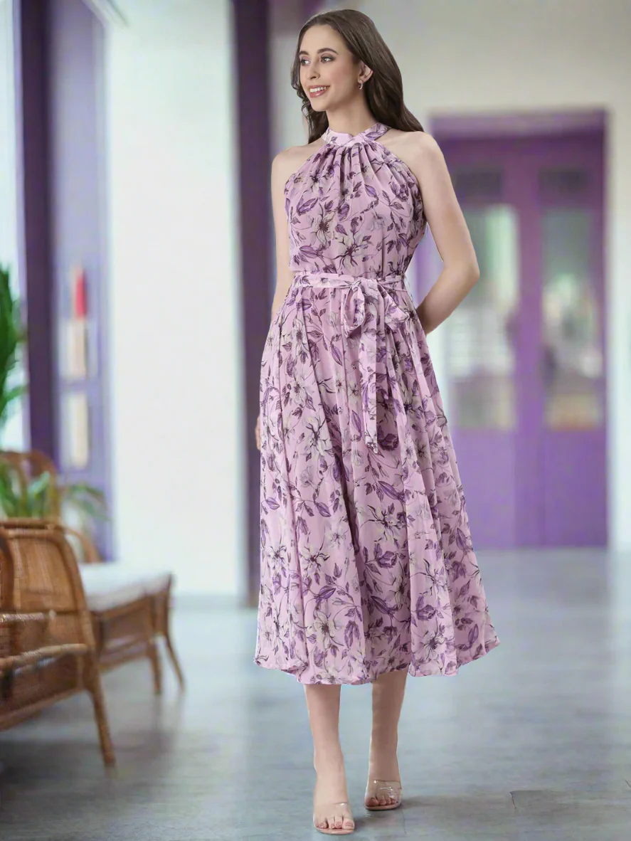 Women Lavender Floral Chiffon Dress - Image 3
