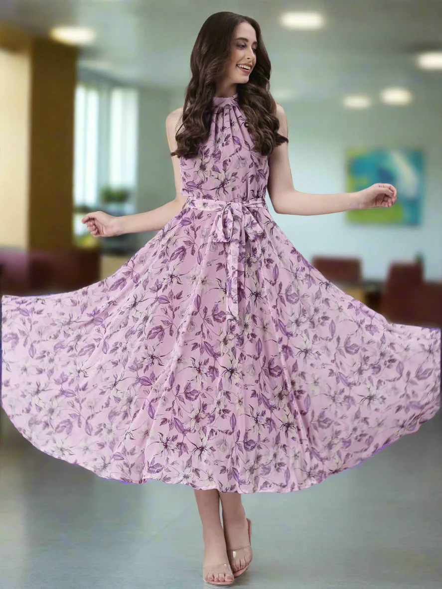 Women Lavender Floral Chiffon Dress - Image 4