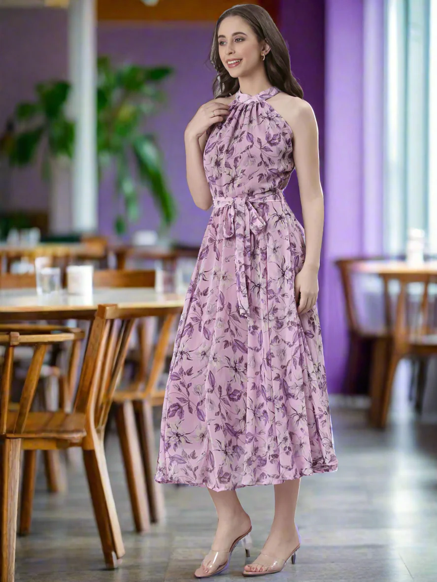Women Lavender Floral Chiffon Dress - Image 5