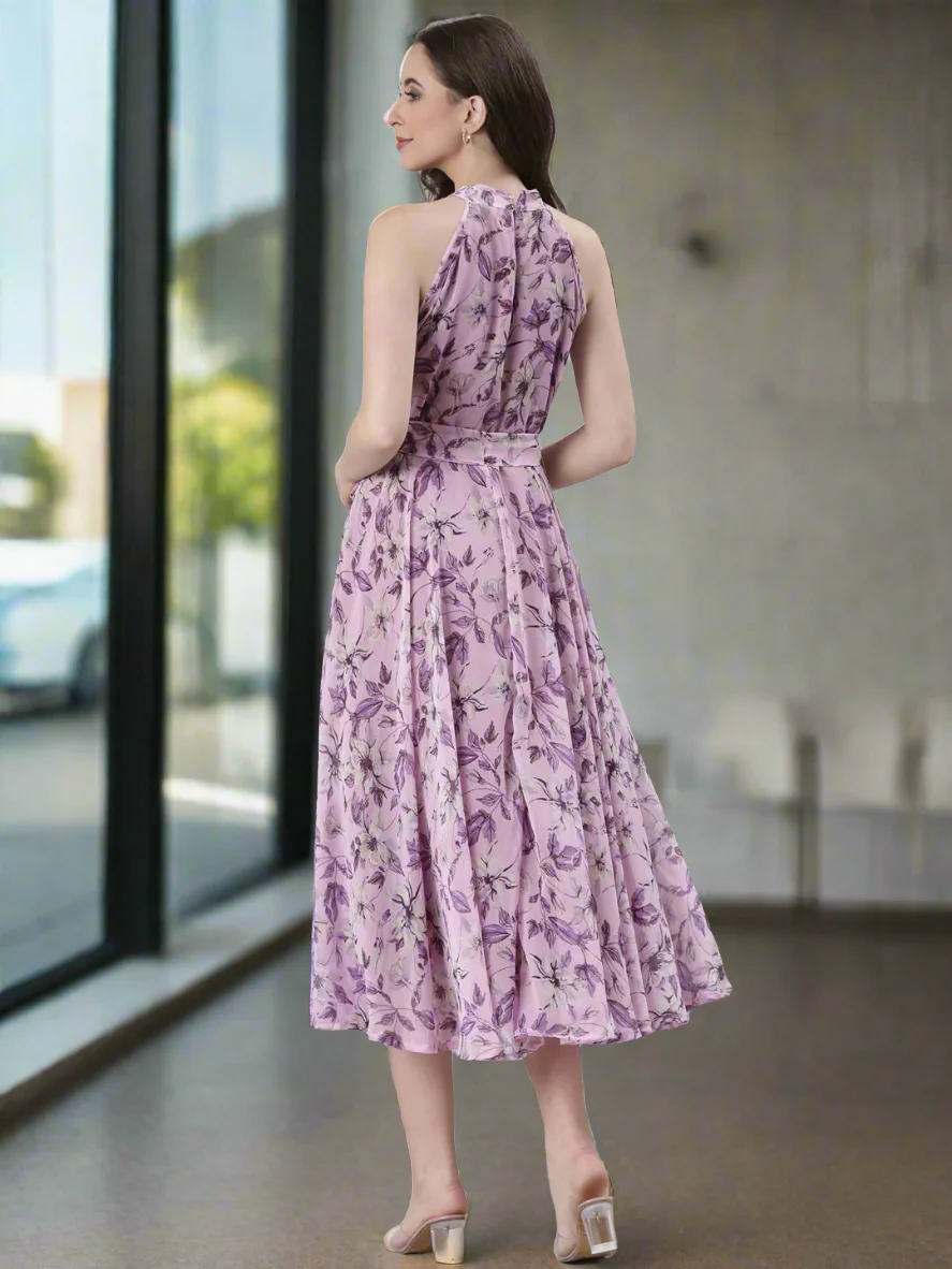 Women Lavender Floral Chiffon Dress - Image 6