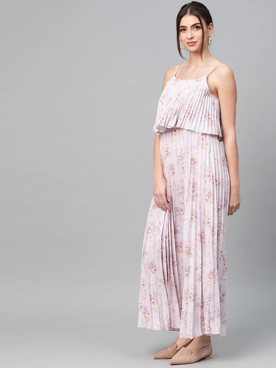 Women Lavender Floral Strappy Pleated Maxi Dress - Image 2