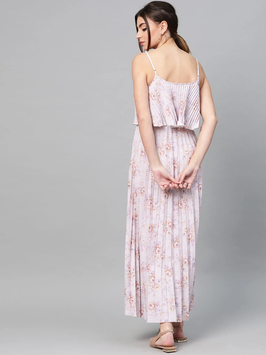 Women Lavender Floral Strappy Pleated Maxi Dress - Image 3