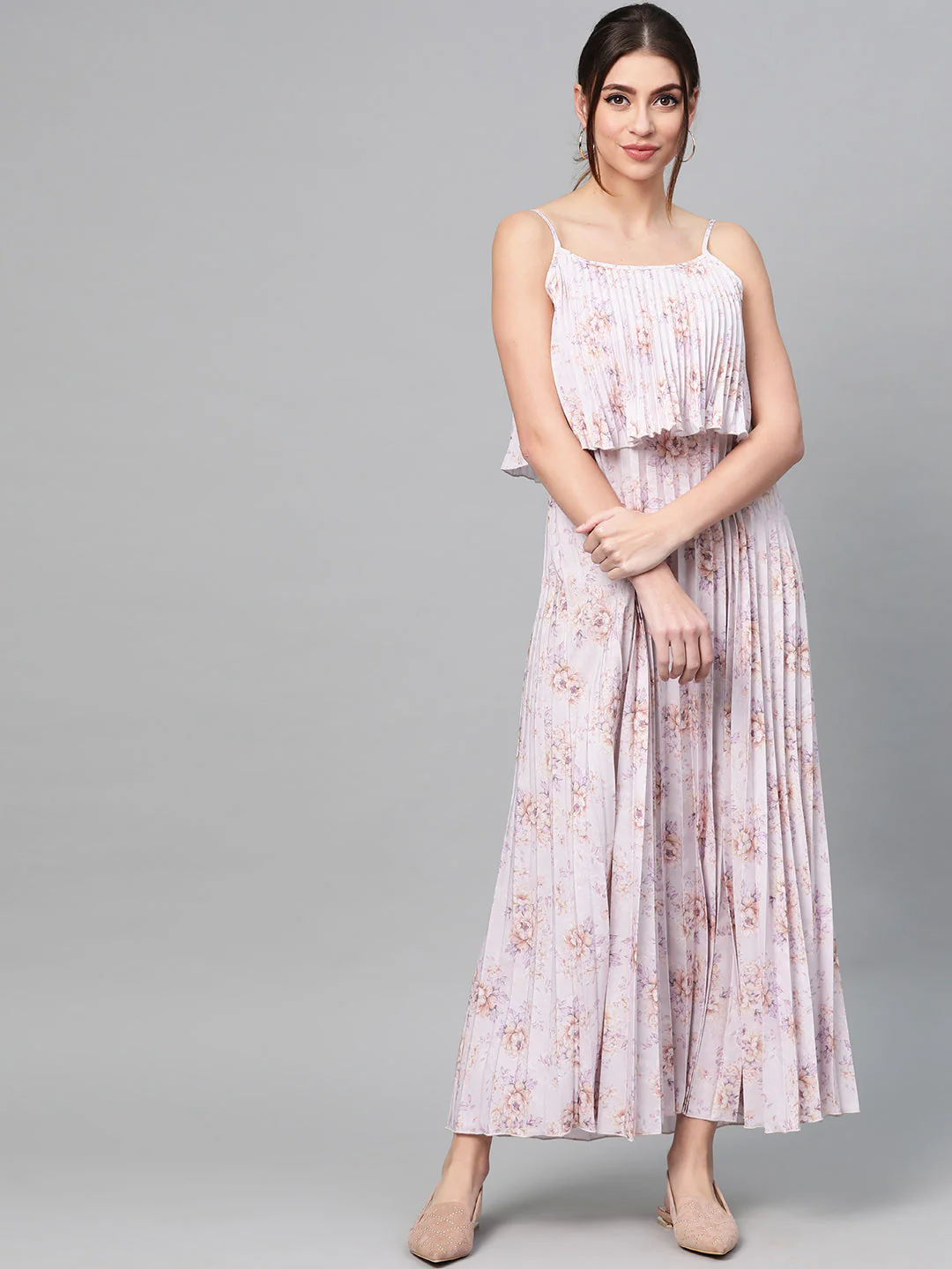 Women Lavender Floral Strappy Pleated Maxi Dress - Image 4