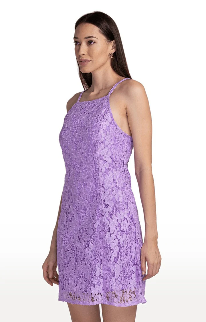 Women Lavender A-Line Lace Dress - Image 5