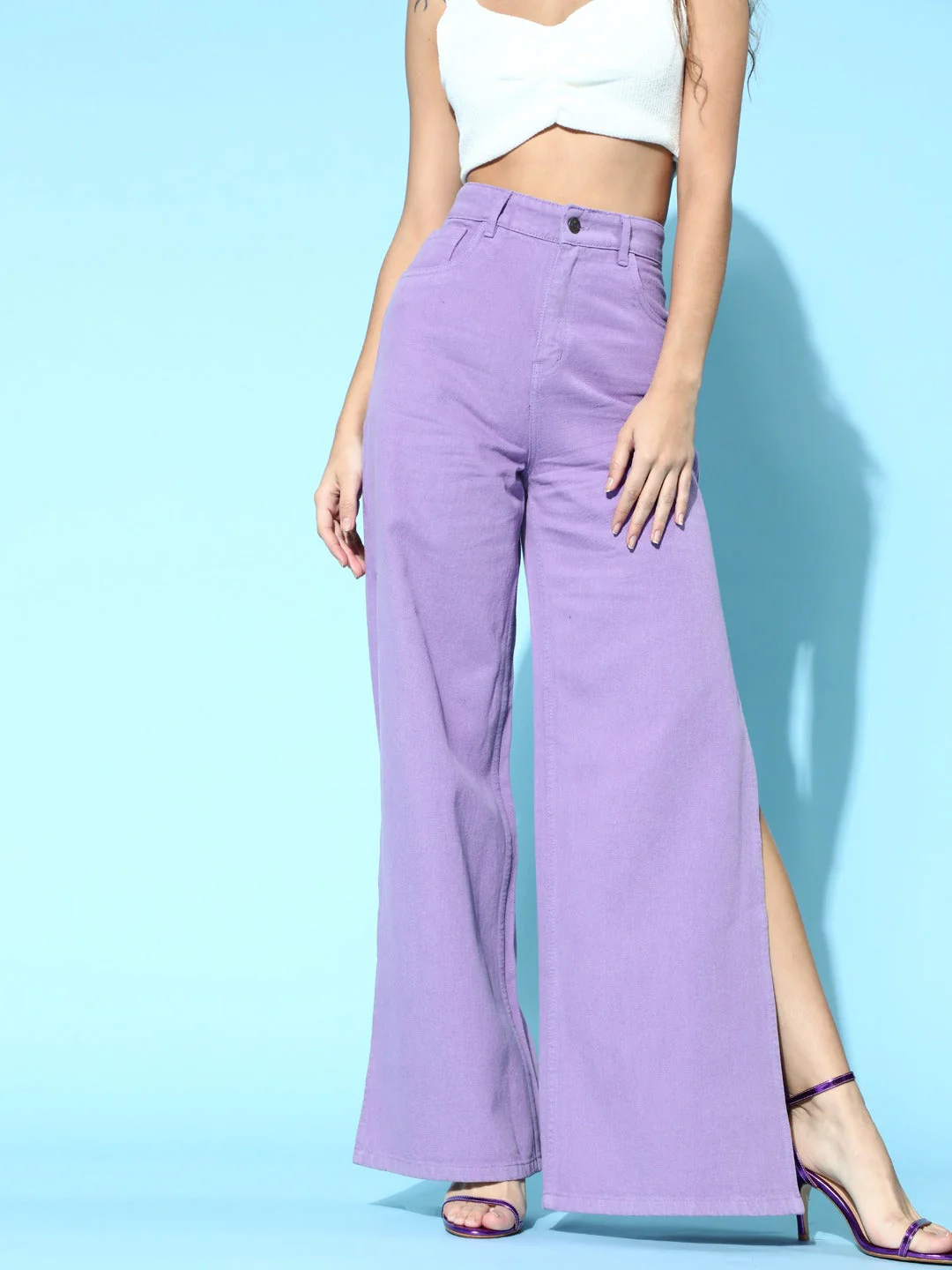 Women Lavender Side Slit Straight Jeans - Image 3