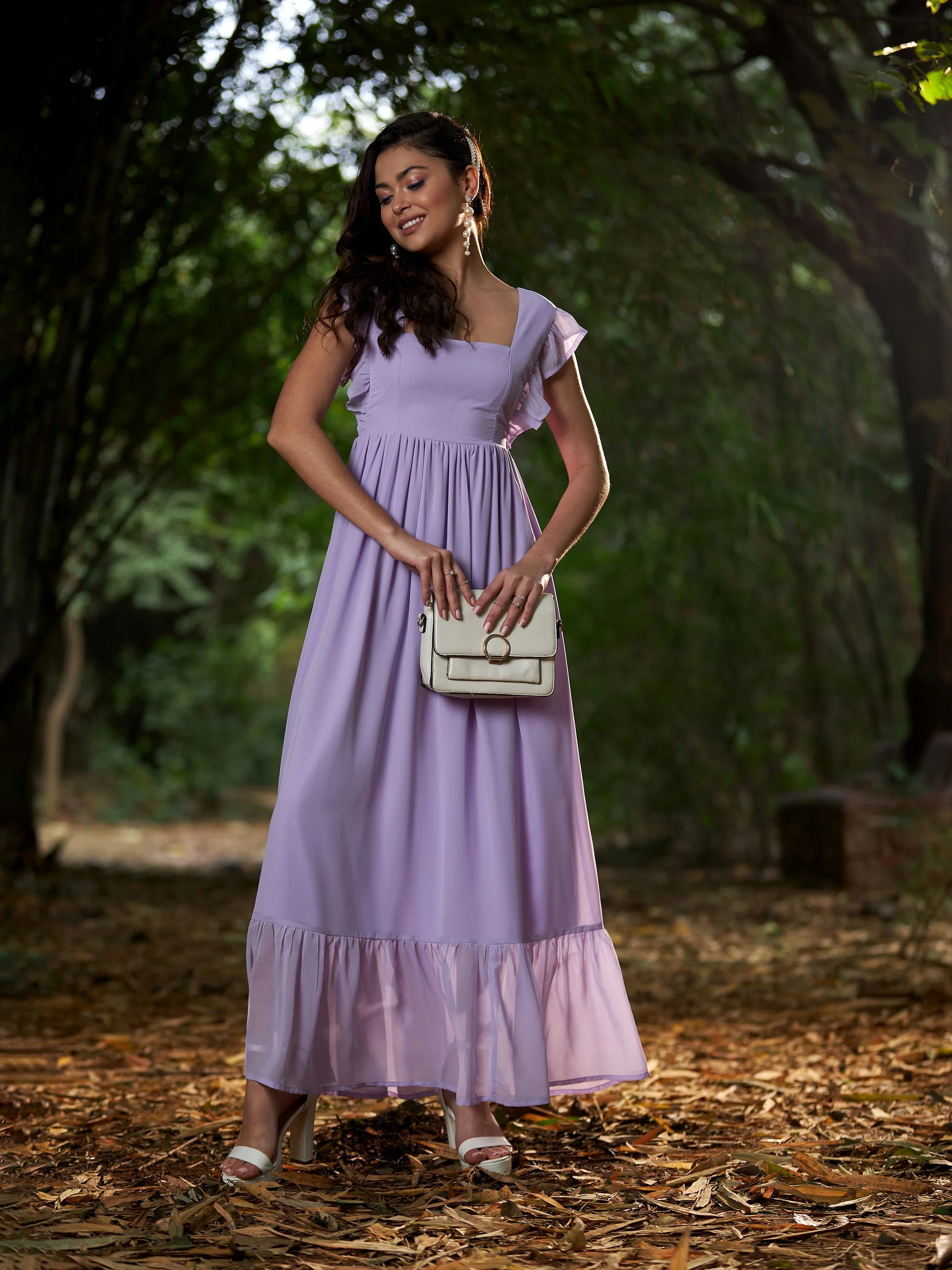Women Lavender Square Neck Frill Hem Maxi Dress - Image 5