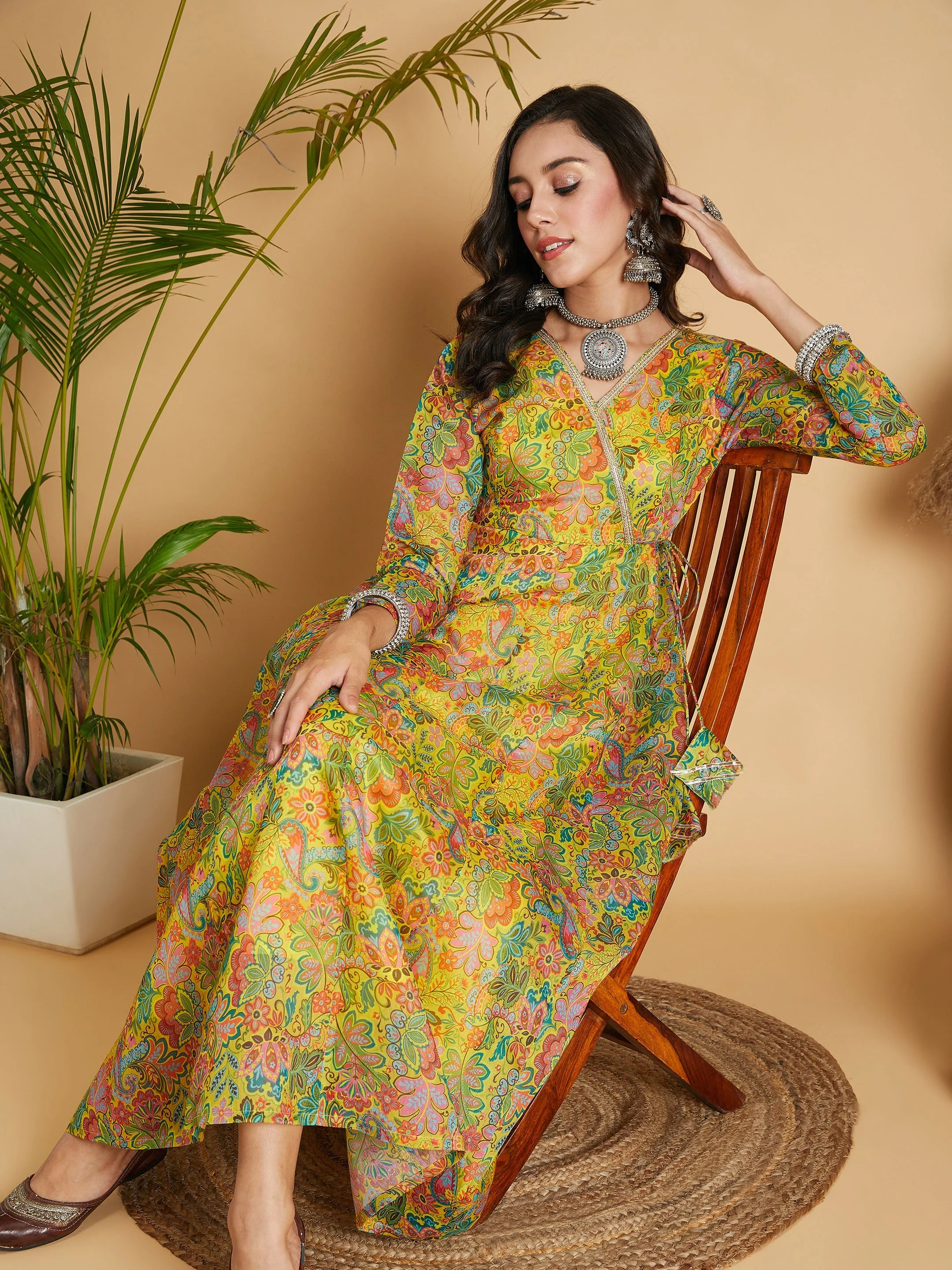 Women Lemon Yellow Floral Anarkali Maxi Dress - Image 2