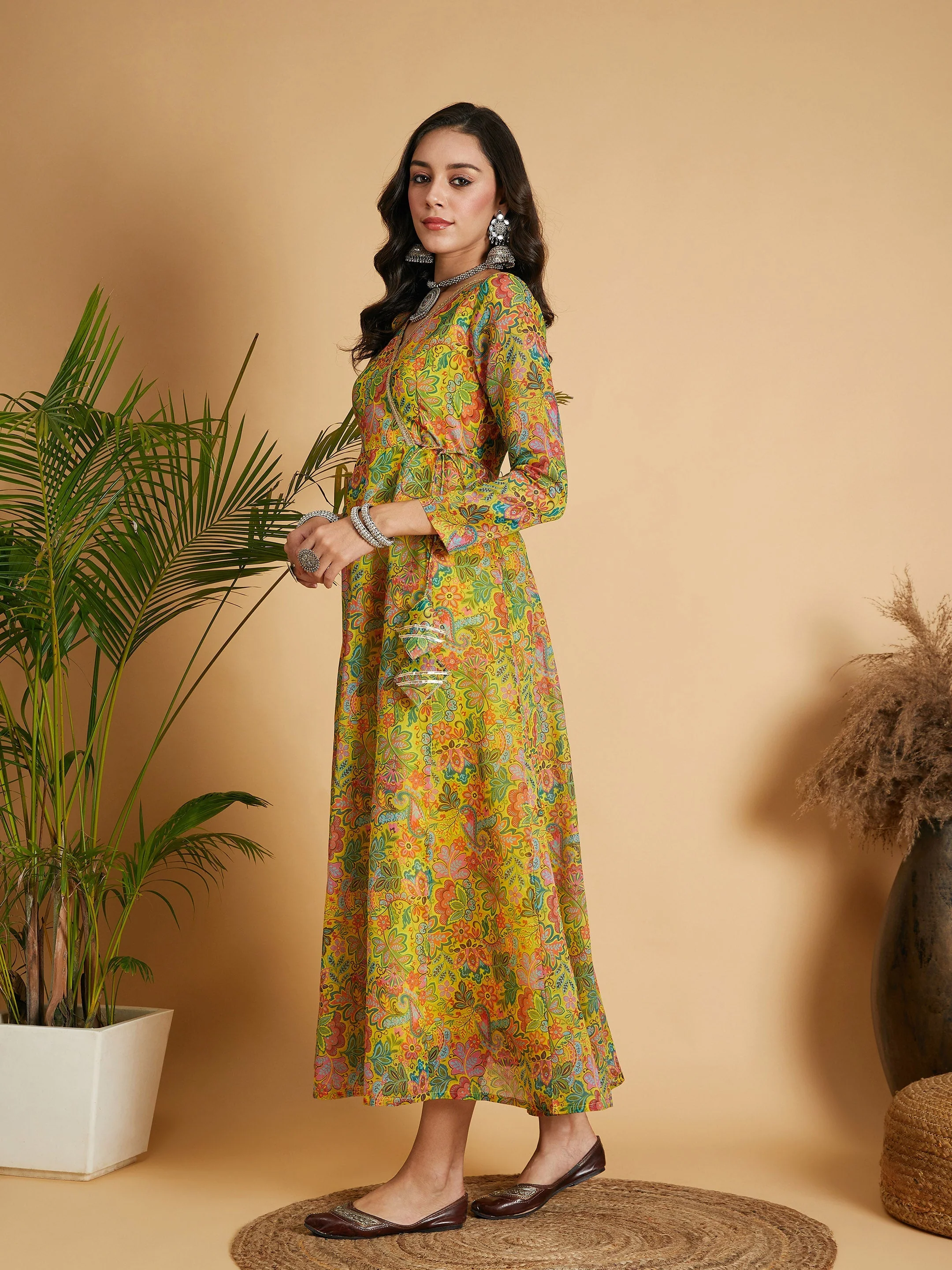 Women Lemon Yellow Floral Anarkali Maxi Dress - Image 3