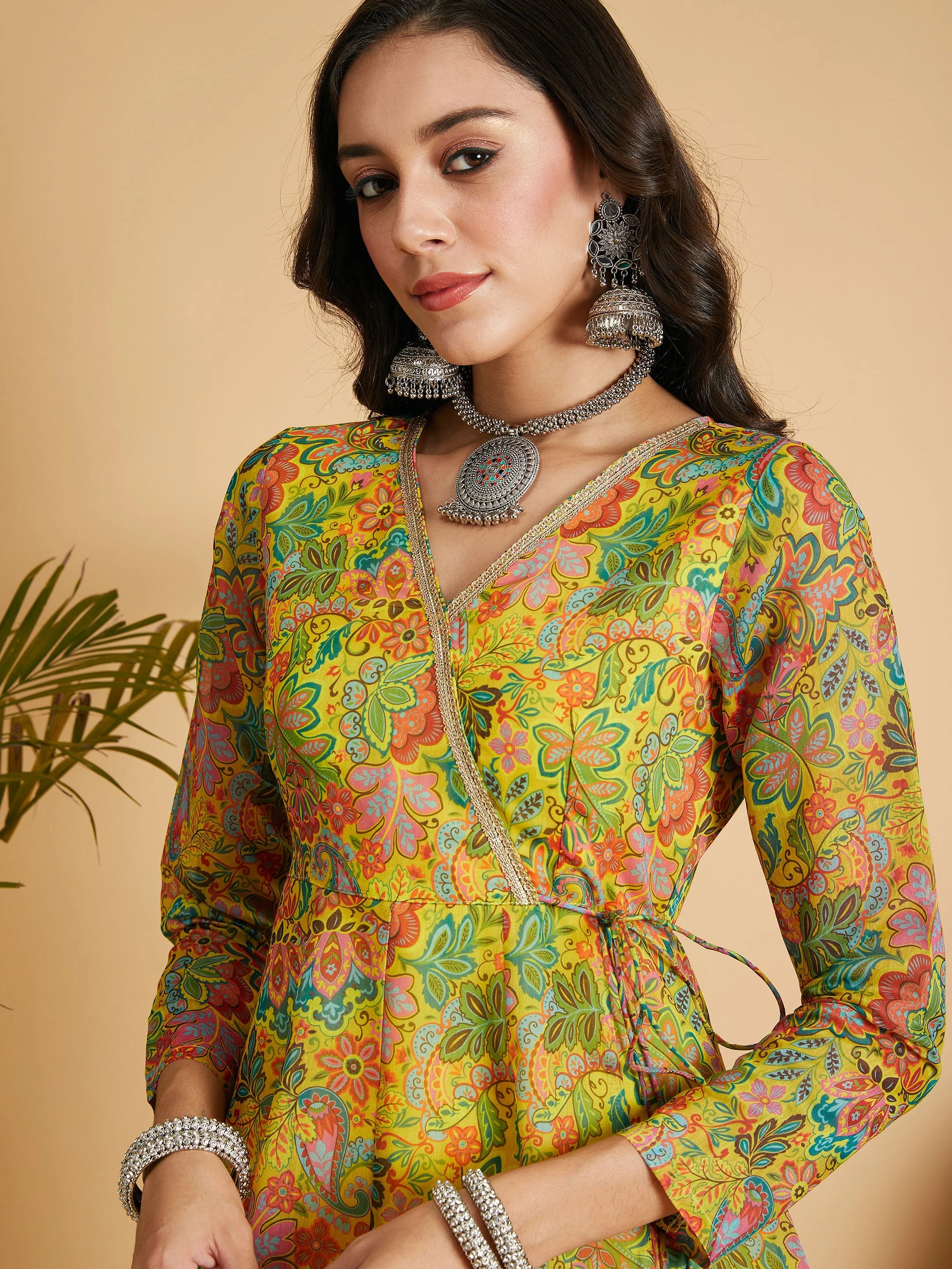 Women Lemon Yellow Floral Anarkali Maxi Dress - Image 4