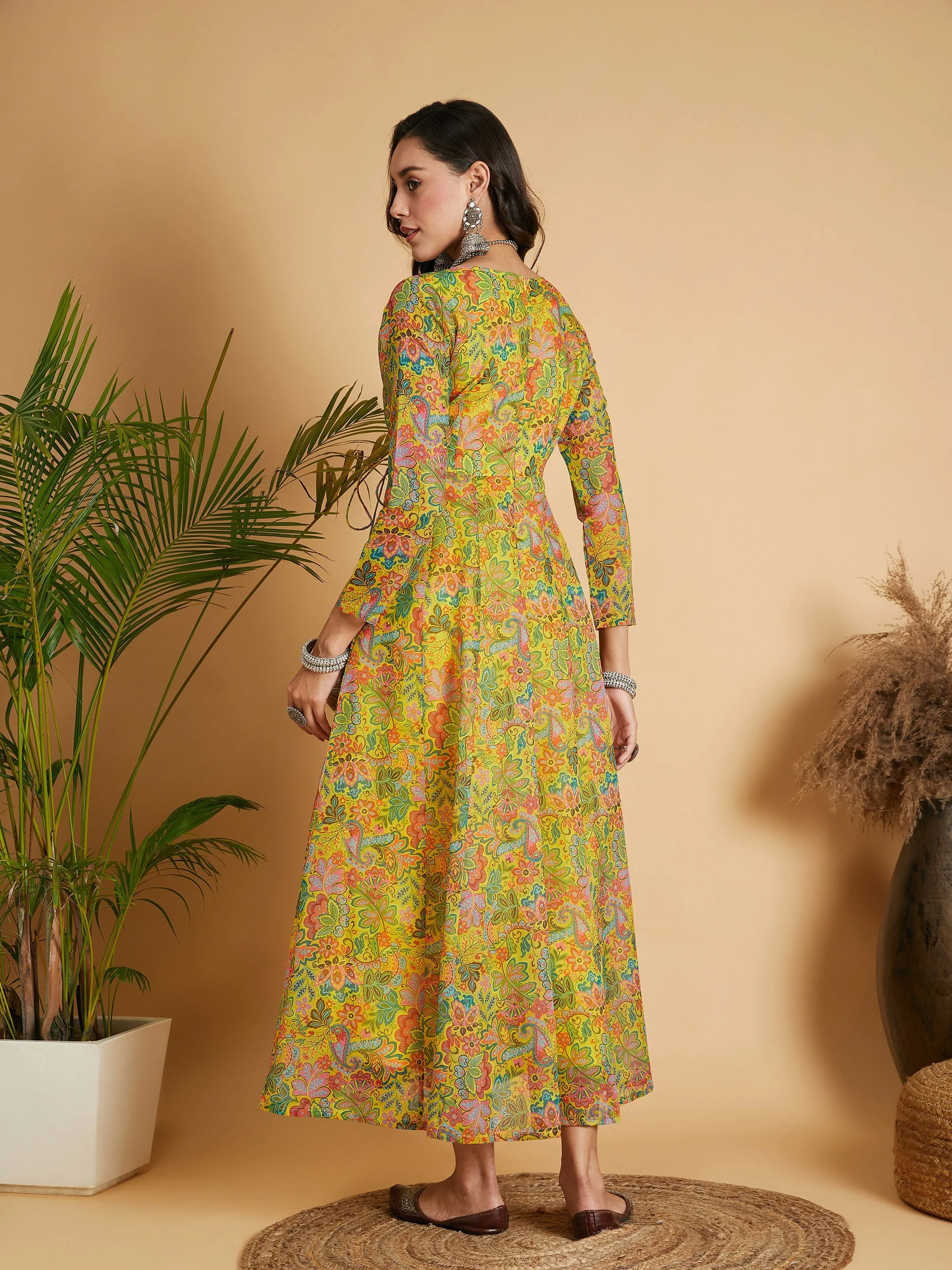 Women Lemon Yellow Floral Anarkali Maxi Dress - Image 5