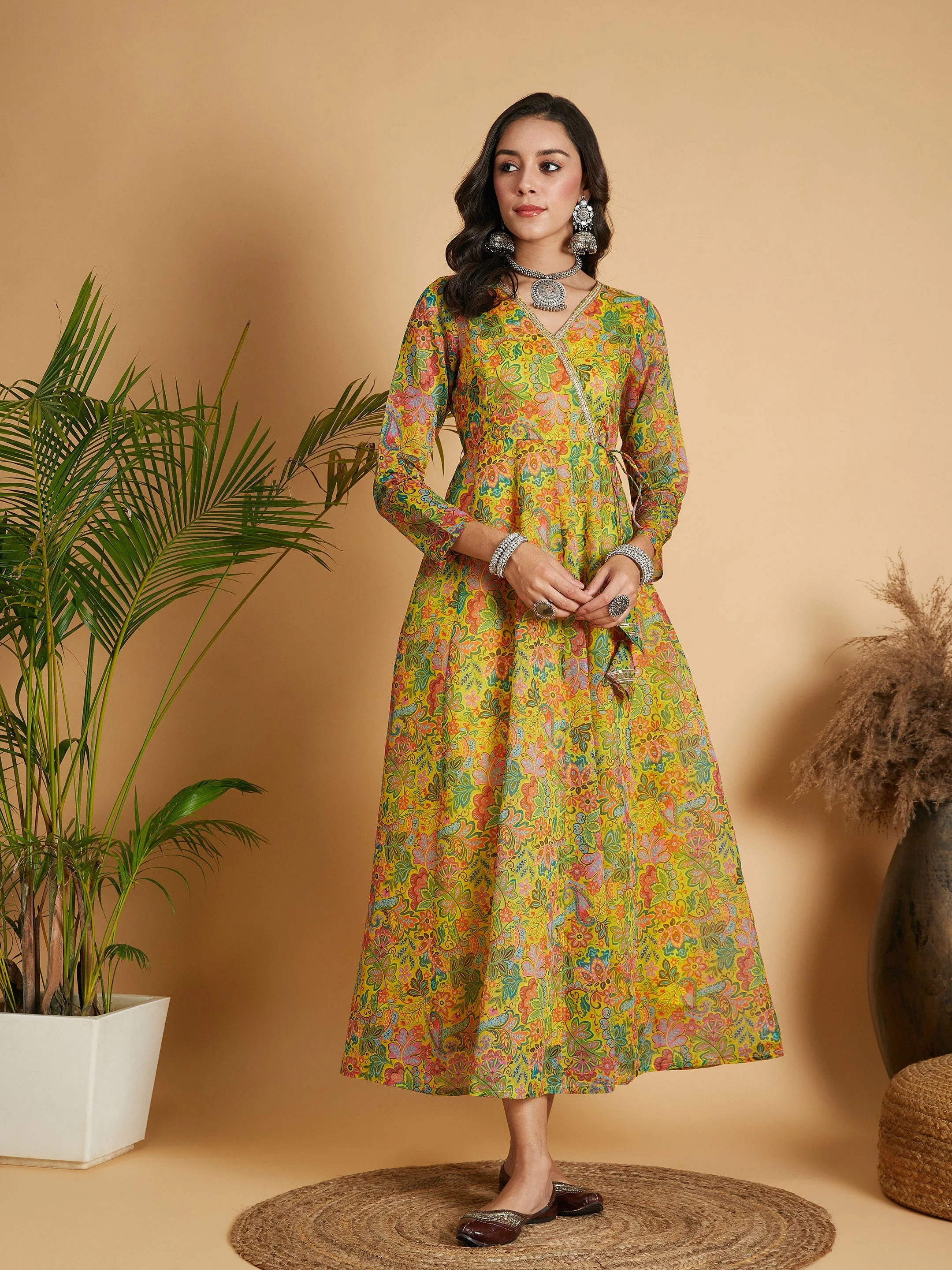 Women Lemon Yellow Floral Anarkali Maxi Dress - Image 6