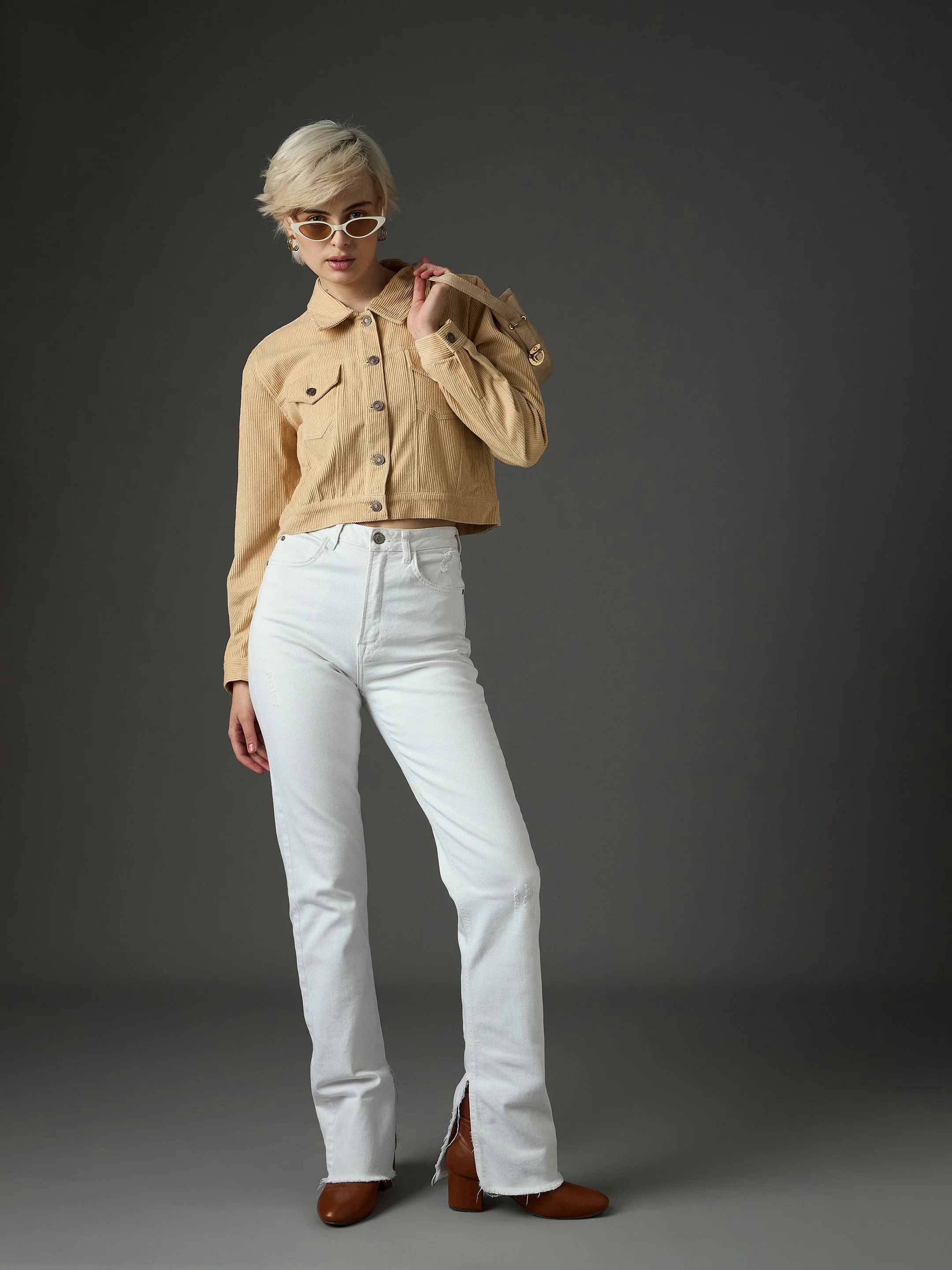 Women Light Beige Corduroy Boxy Crop Jacket - Image 2