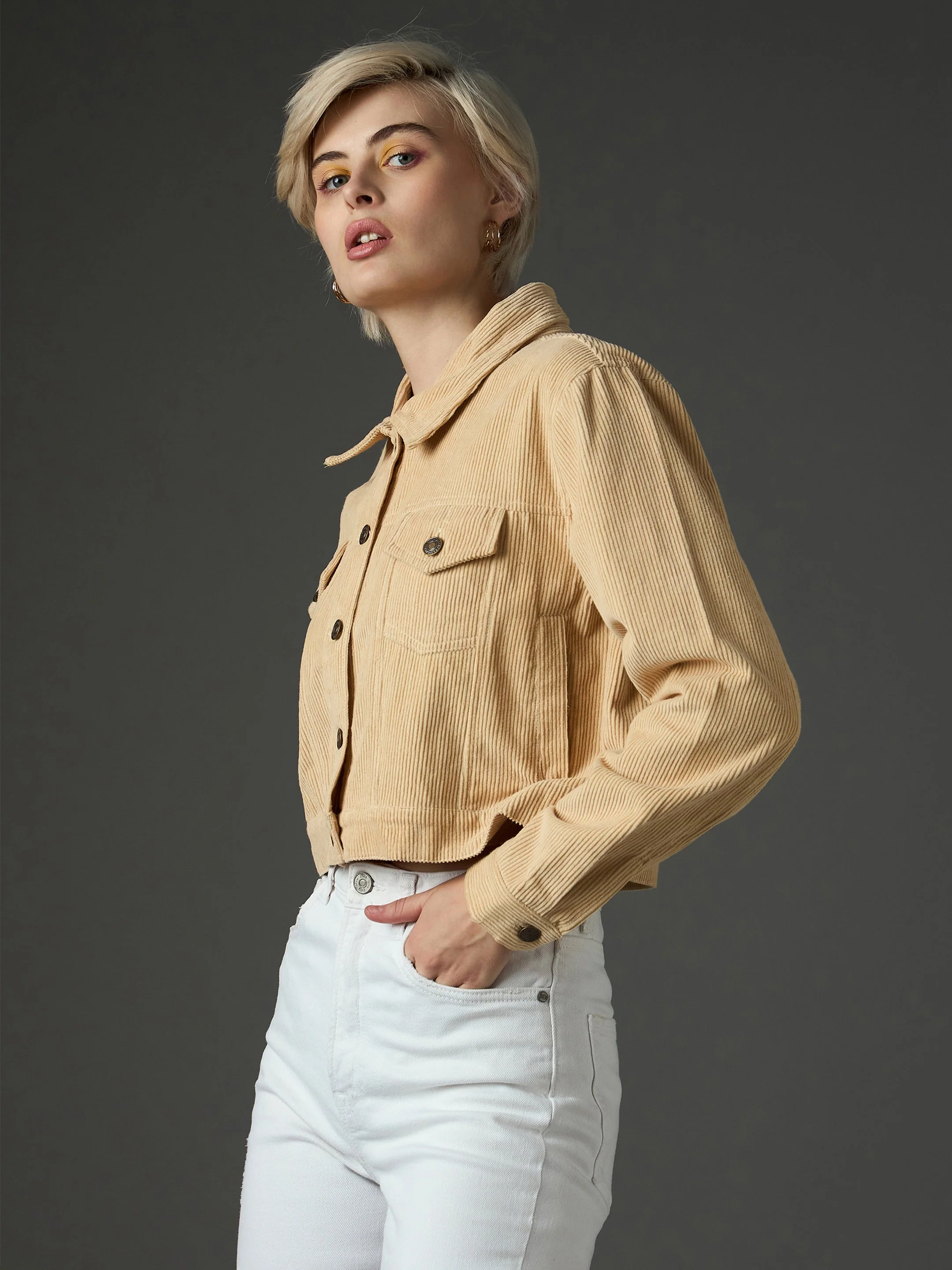 Women Light Beige Corduroy Boxy Crop Jacket - Image 3