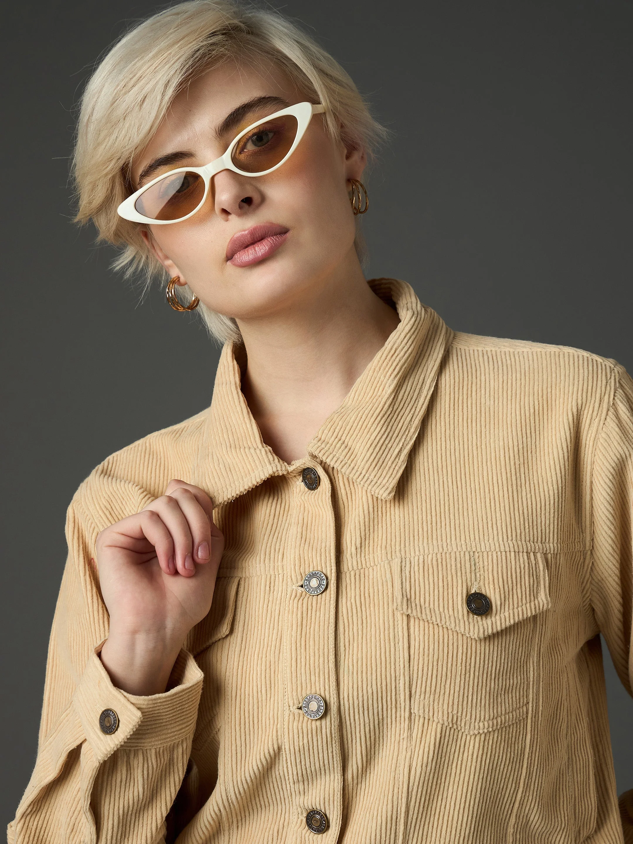 Women Light Beige Corduroy Boxy Crop Jacket - Image 4