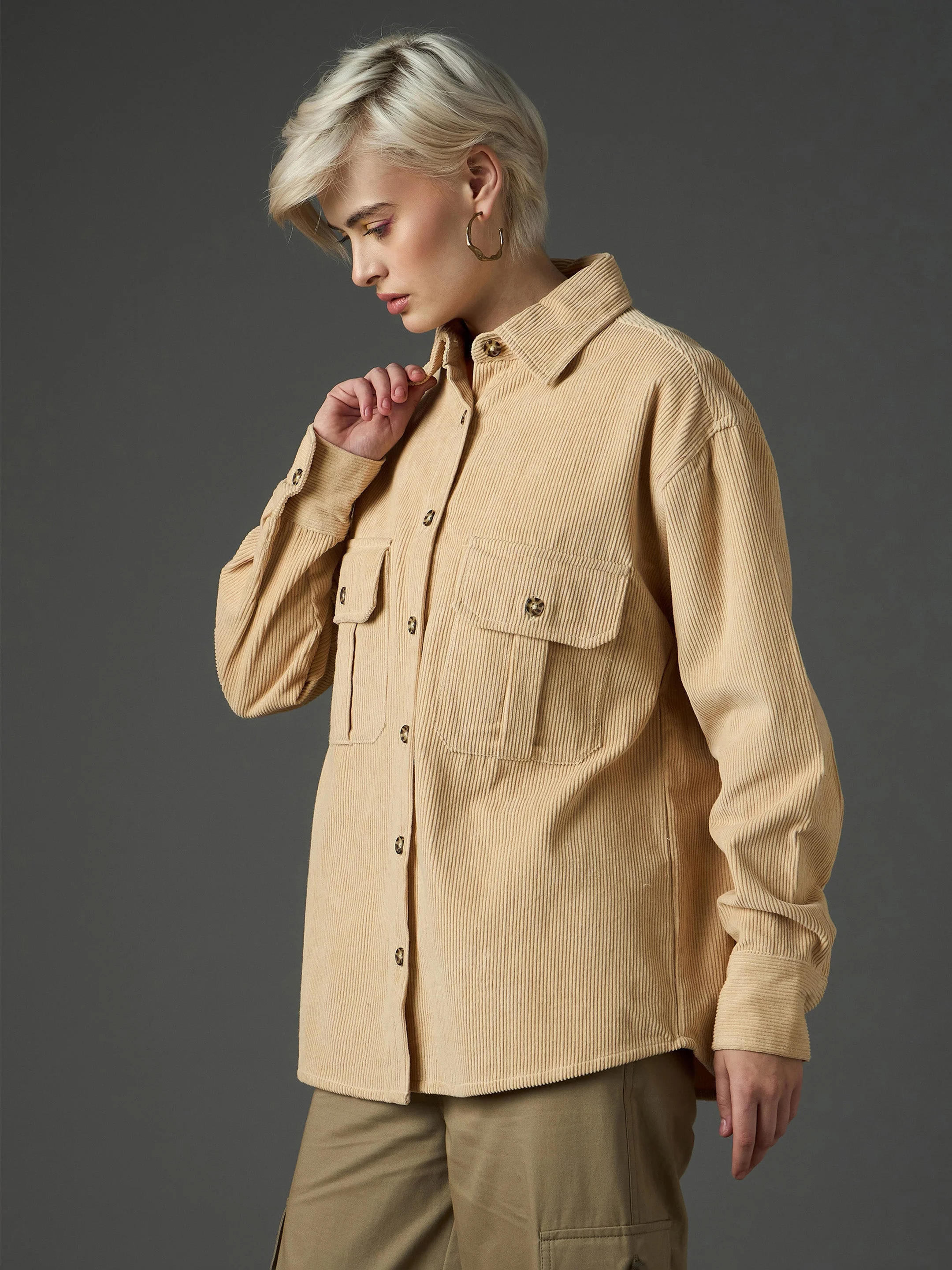 Women Light Beige Corduroy Oversized Shirt - Image 3