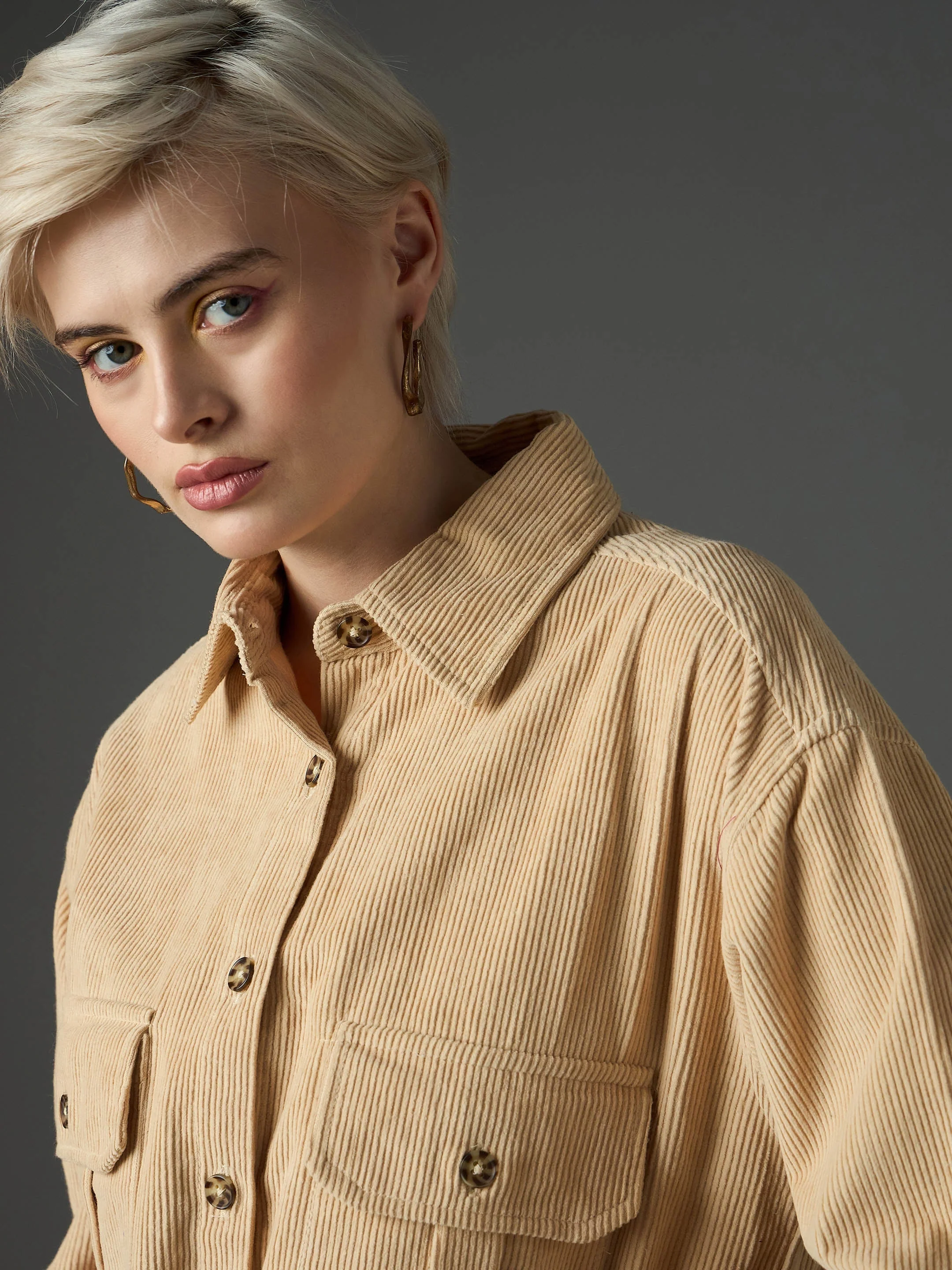 Women Light Beige Corduroy Oversized Shirt - Image 4