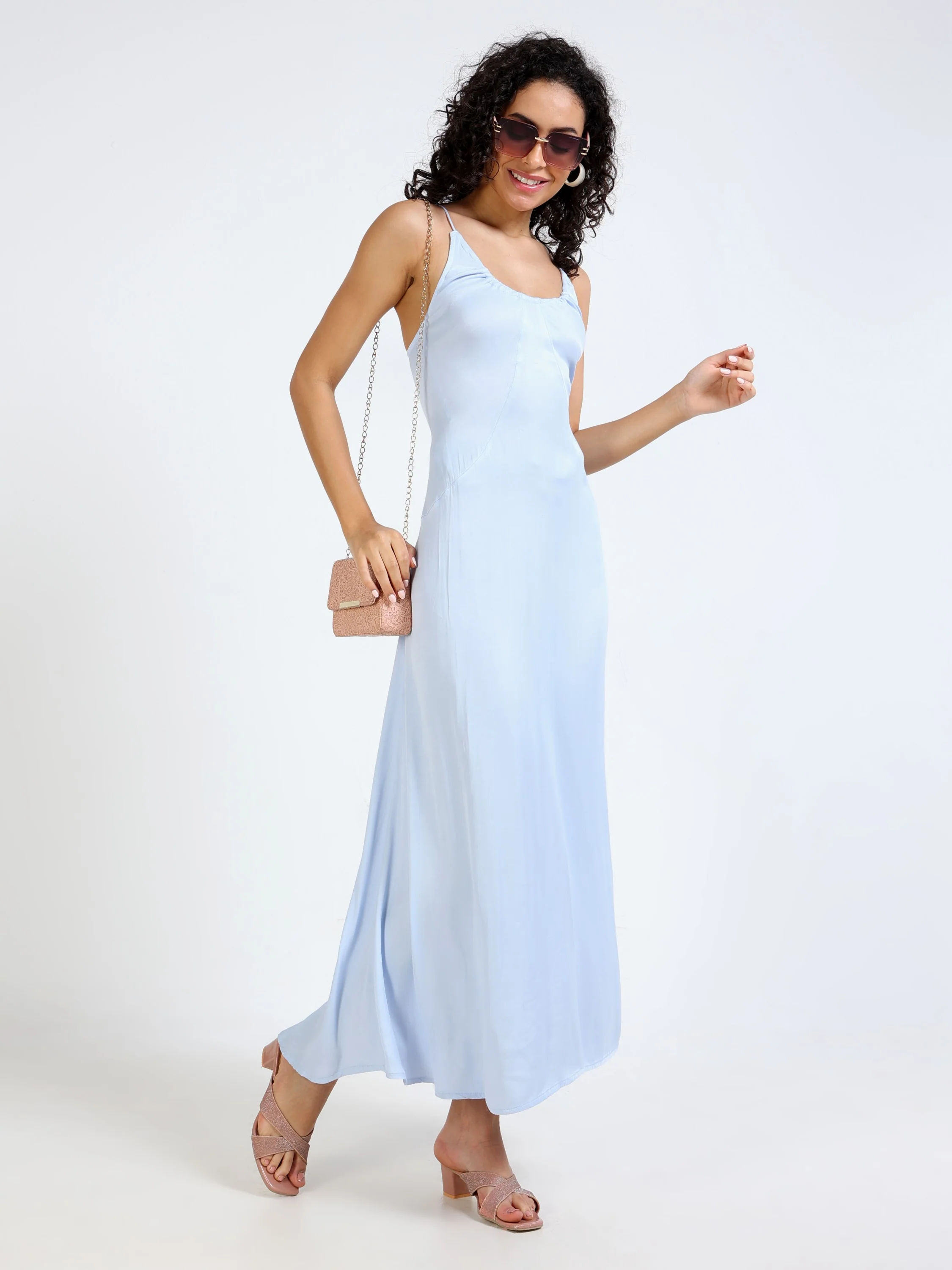 Women Blue Satin Party Dress - Image 2