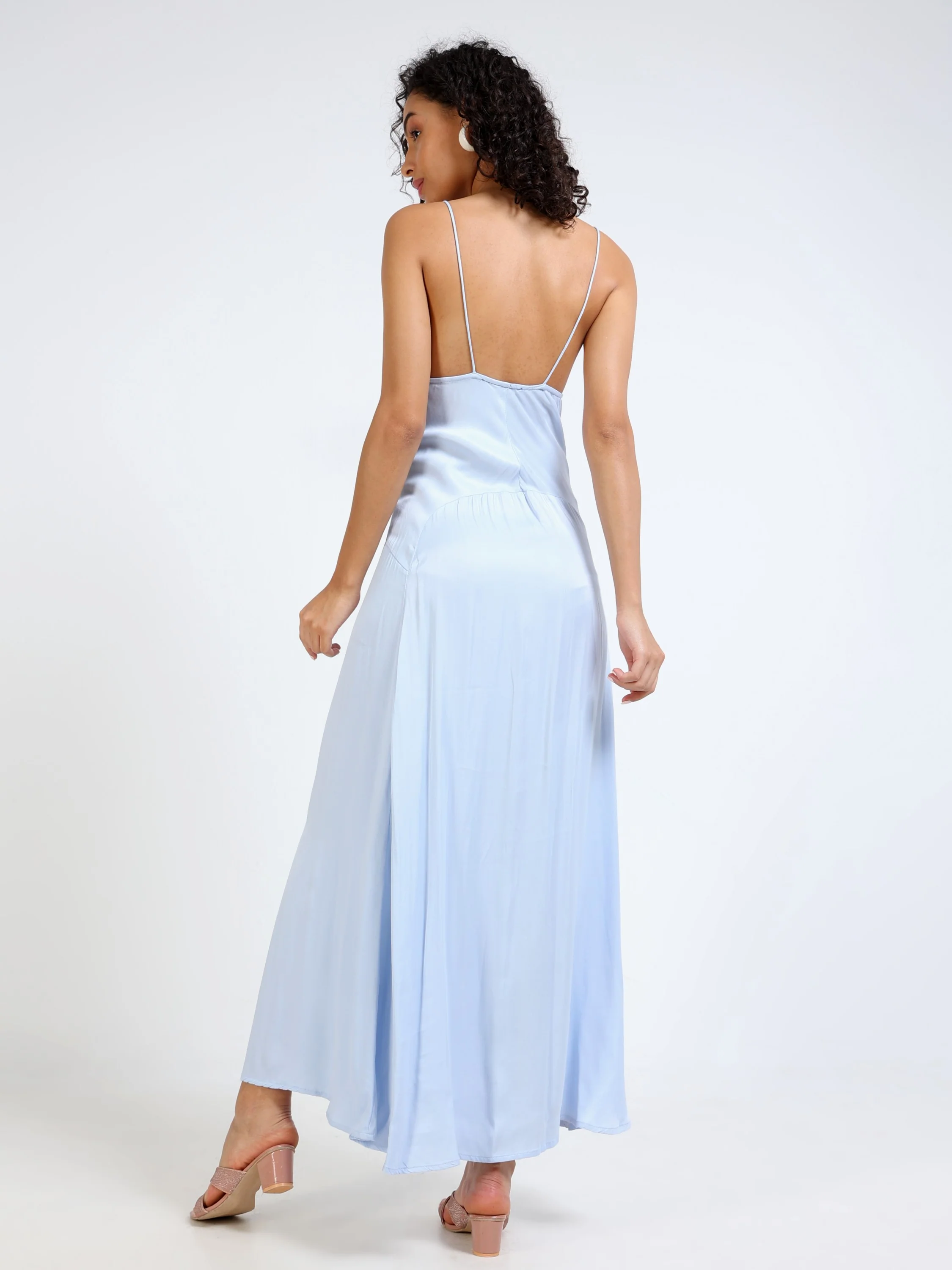 Women Blue Satin Party Dress - Image 3