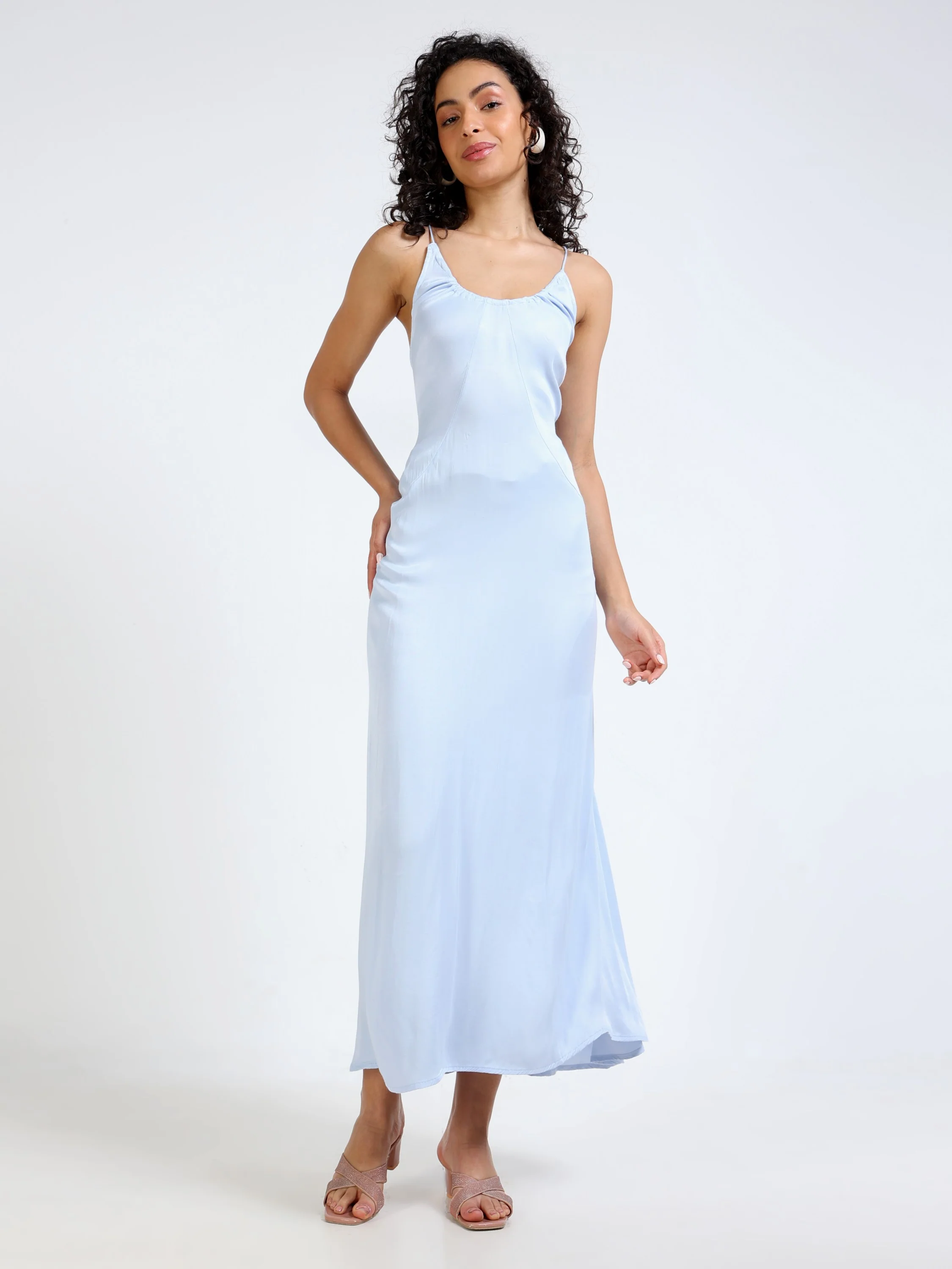 Women Blue Satin Party Dress - Image 6
