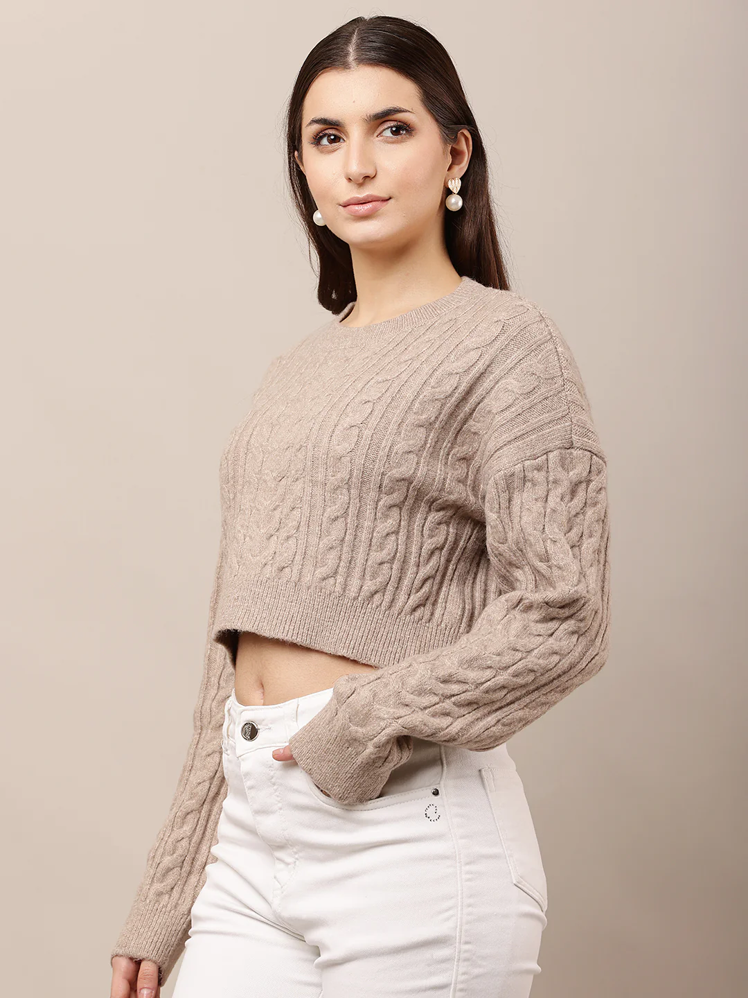 Women Light Brown Crop Round Neck Sweater - Image 2