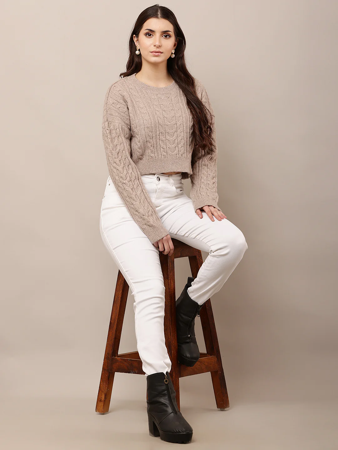 Women Light Brown Crop Round Neck Sweater - Image 3