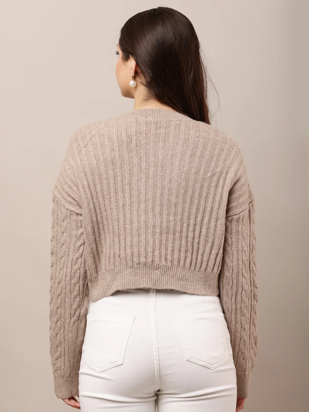 Women Light Brown Crop Round Neck Sweater - Image 4